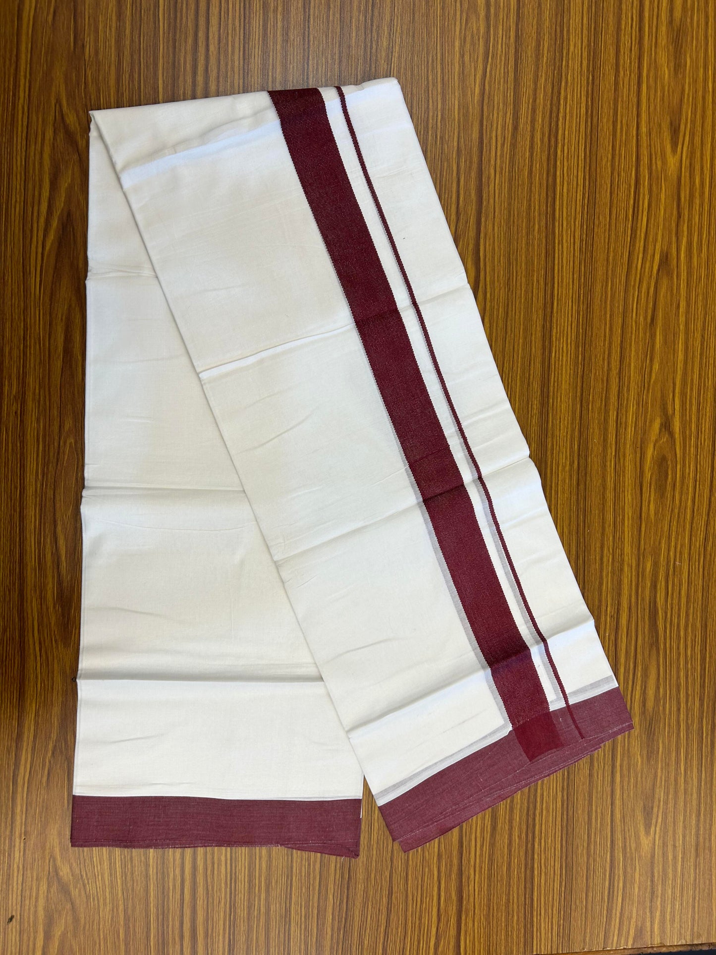 20% Discount ! Kaitharikada Balaramapuram 100% Cotton Pure White Double Mundu/Dothi - 100x80 - 1.5 inch Maroon Kara - 3.90 m (8 muzham) - 21 KK5364 MC