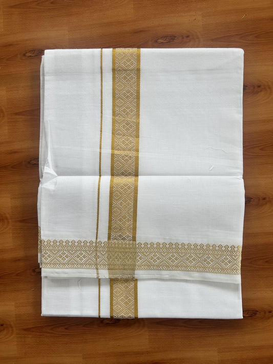 Single Pure White Mundu/Dhoti - 20% Discount!! Kaitharikada Balaramapuram Pure Cotton - 40s - 1.5 inch Gold Kasav Jacquard Design Kara 2 mtr (4 muzham) - 8 KK5405 GAN