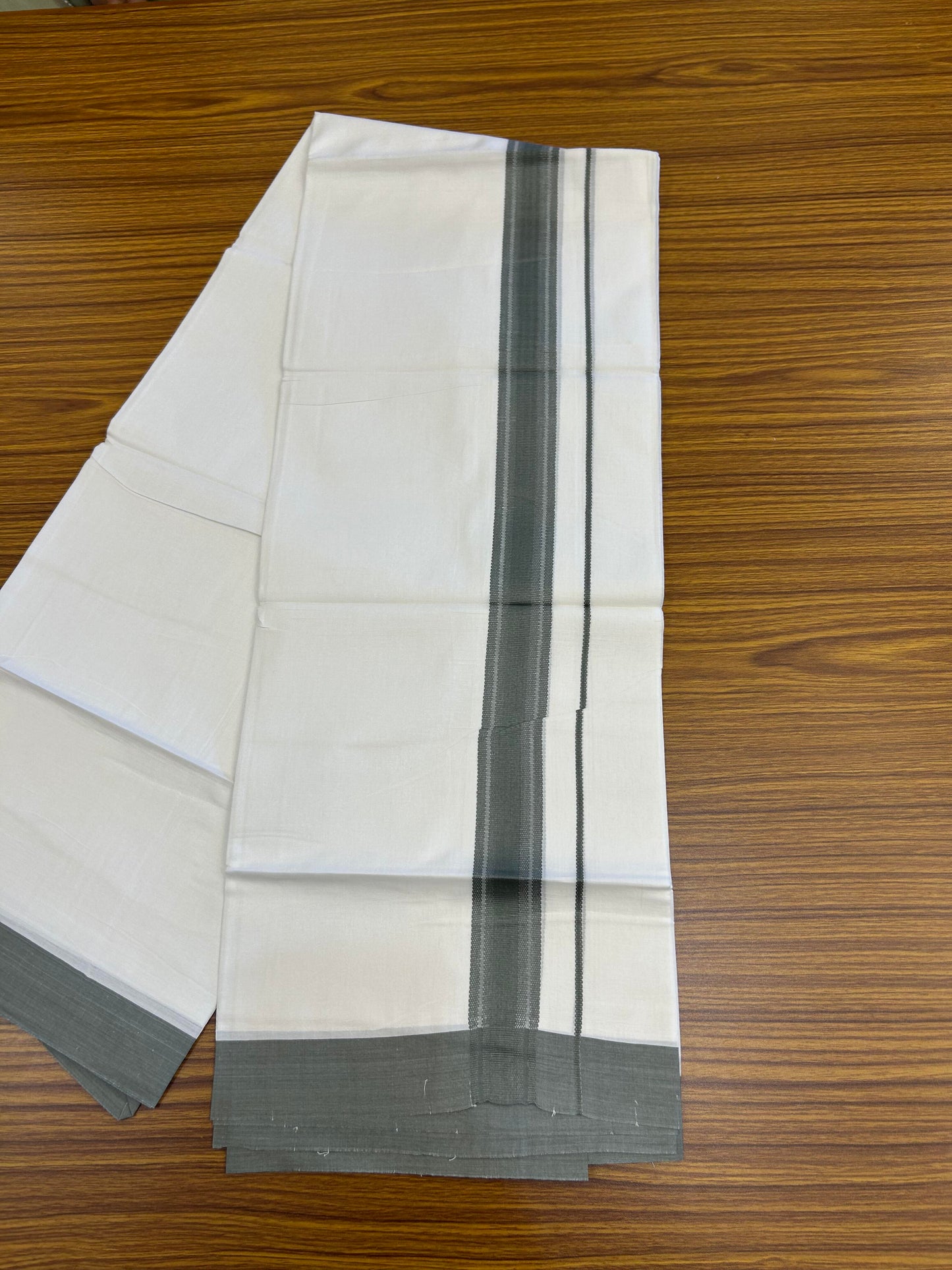 20% Discount ! Kaitharikada Balaramapuram 100% Cotton Pure White Double Mundu/Dothi - 100x80 - 1.25 inch Dark Sage Green Design Kara - 3.90 m (8 muzham) - 13 KK5364 MC