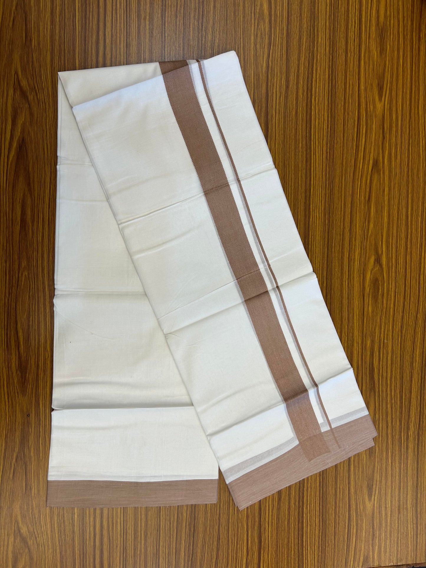 20% Discount ! Kaitharikada Balaramapuram 100% Cotton Pure White Double Mundu/Dothi - 100x80 - 1.5 inch Dusty Peach  Kara - 3.90 m (8 muzham) - 18 KK5364 MC