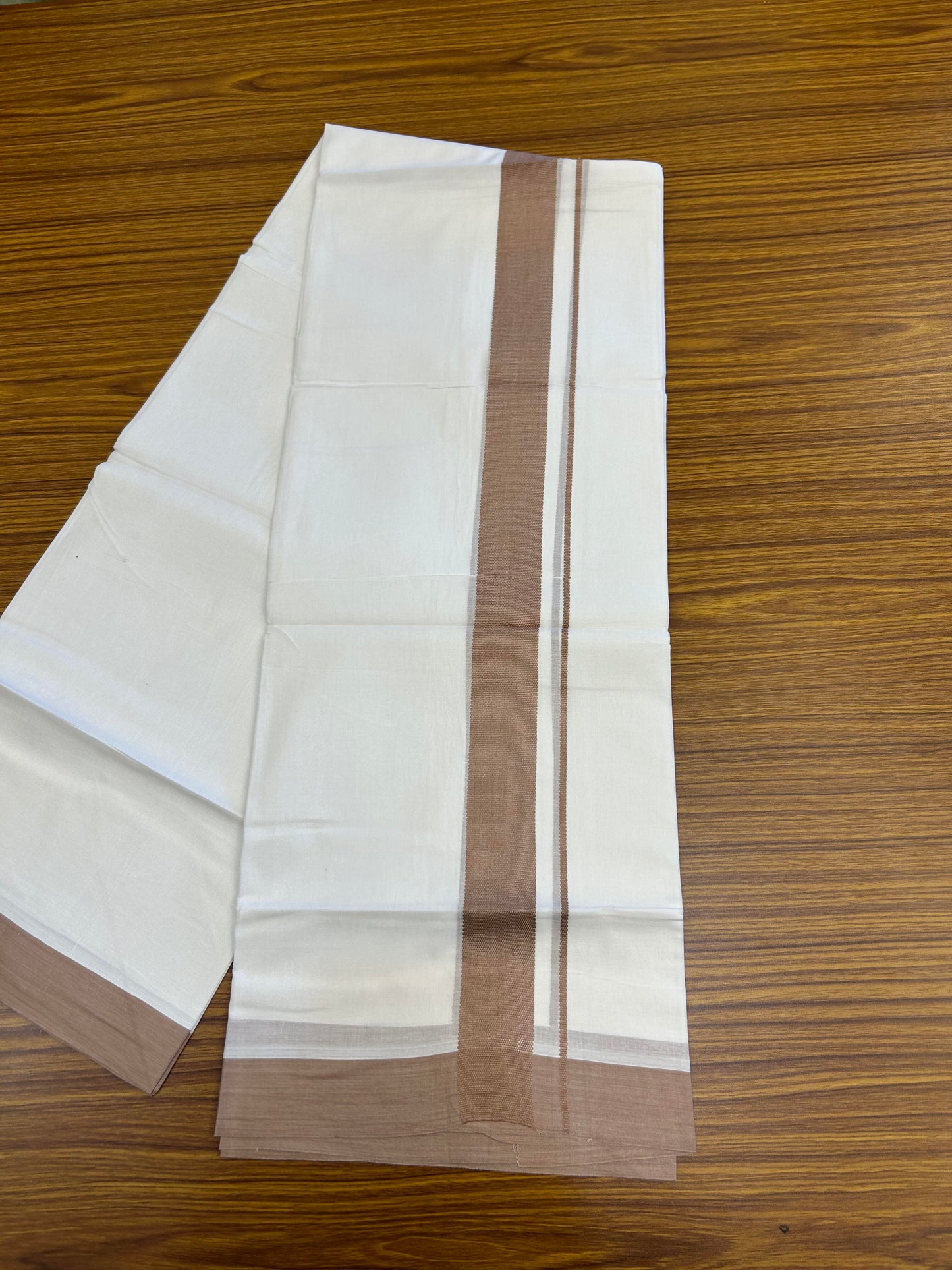 20% Discount ! Kaitharikada Balaramapuram 100% Cotton Pure White Double Mundu/Dothi - 100x80 - 1.5 inch Dusty Peach  Kara - 3.90 m (8 muzham) - 18 KK5364 MC