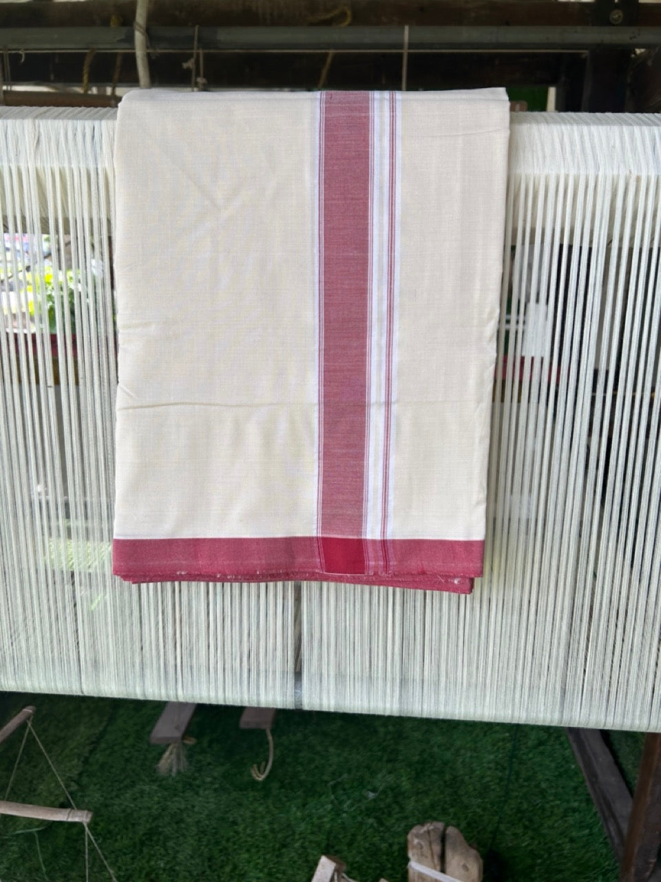 120X120 PREMIUM Kaitharikada Exclusive - 25% DISCOUNT! BALARAMAPURAM HANDLOOM Unakkupaavu - 100% PURE Cotton Double Mundu/Dhoti OFF WHITE (Unbleached)- 1.75inch Red Striped Kara - 1KK477KAL