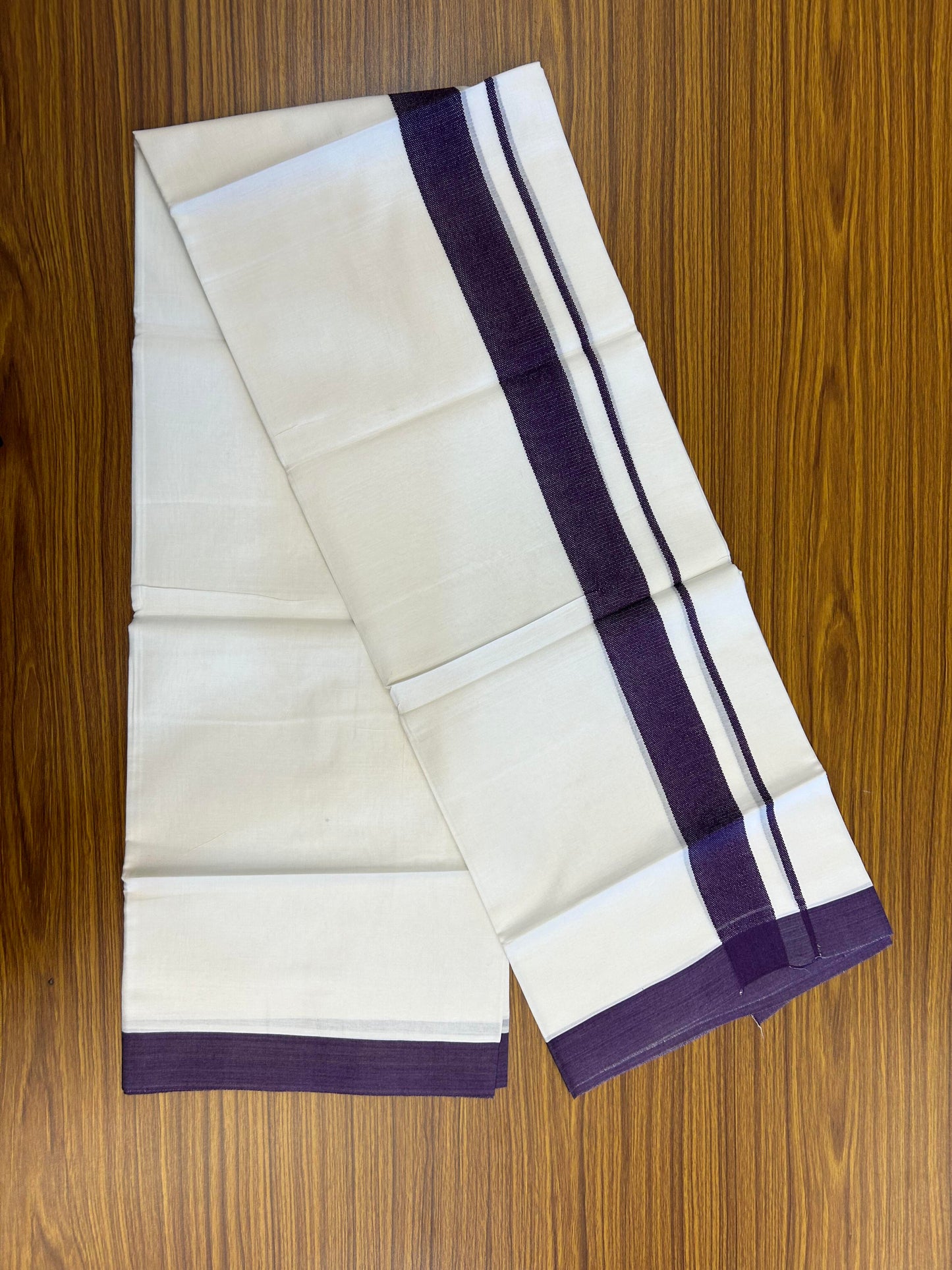20% Discount ! Kaitharikada Balaramapuram 100% Cotton Pure White Double Mundu/Dothi - 100x80 - 1.5 inch Purple Kara - 3.90 m (8 muzham) - 17 KK5364 MC