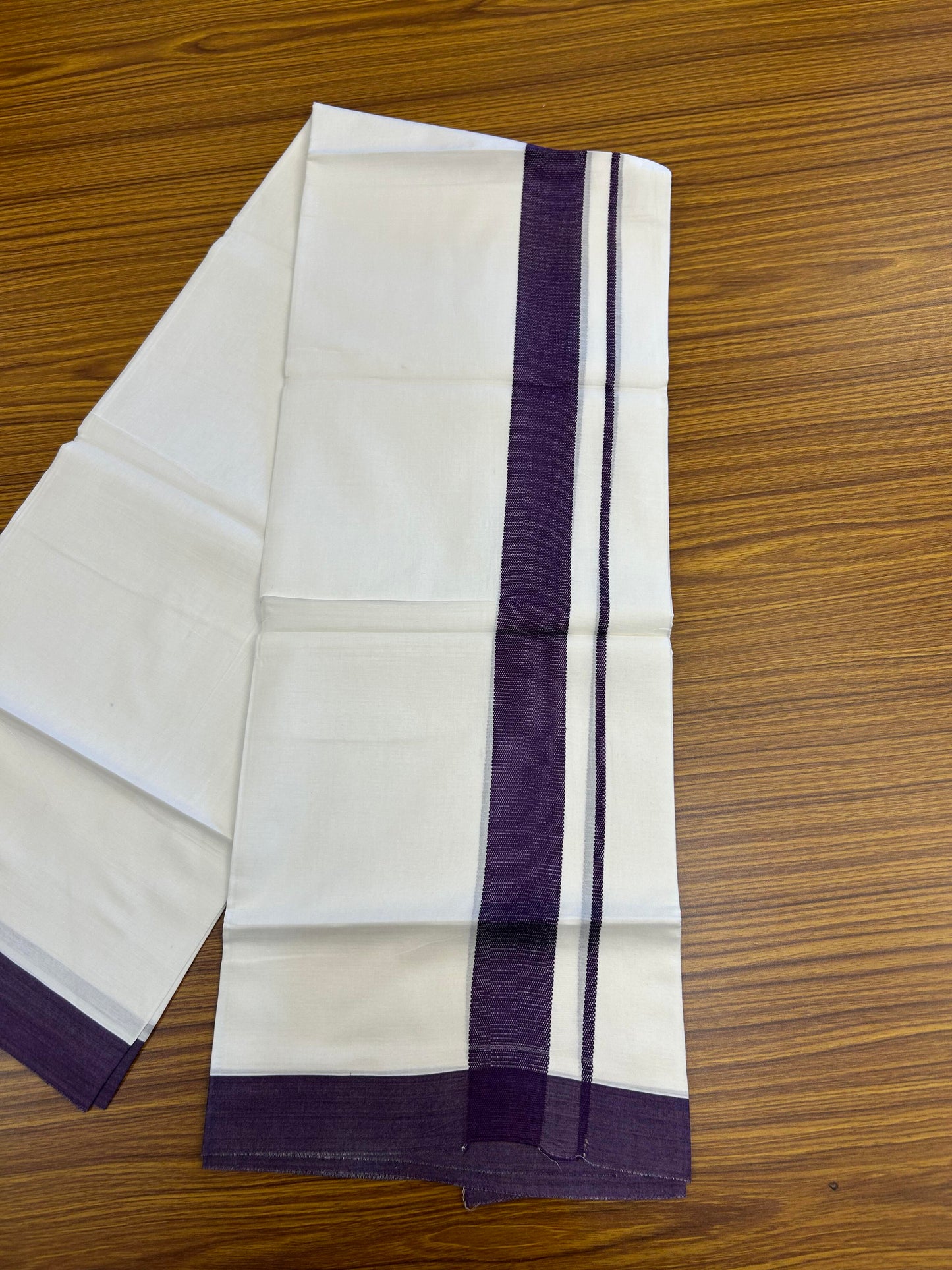 20% Discount ! Kaitharikada Balaramapuram 100% Cotton Pure White Double Mundu/Dothi - 100x80 - 1.5 inch Purple Kara - 3.90 m (8 muzham) - 17 KK5364 MC