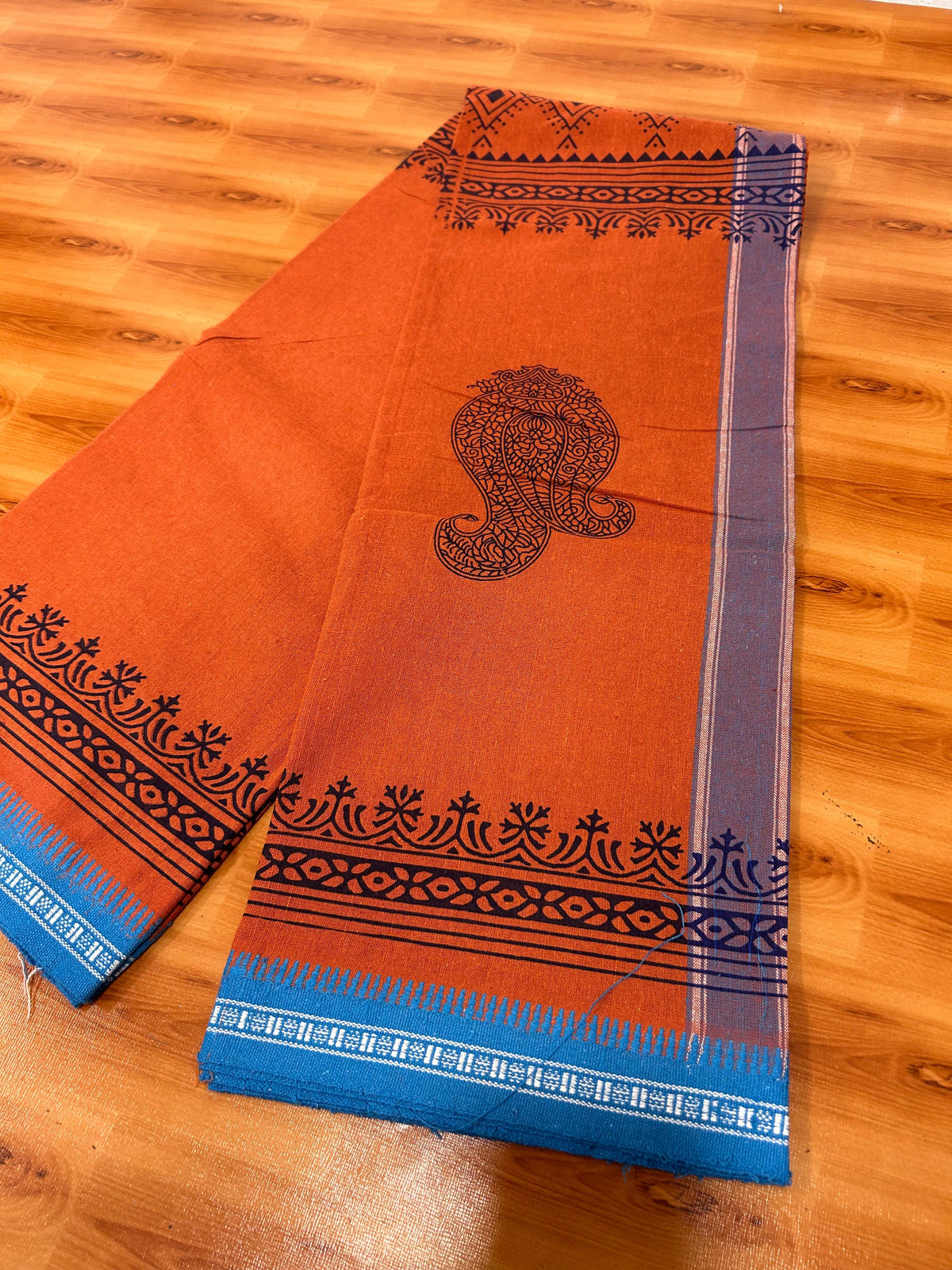 Single Kaily / Lungi - Kaitharikada - Mixed Cotton - 40s twisted - 1.5 inch Blue Printed Design Kara With Kavi Colour Body (2 meter / 4 muzham) -  5 KK8084 GAN