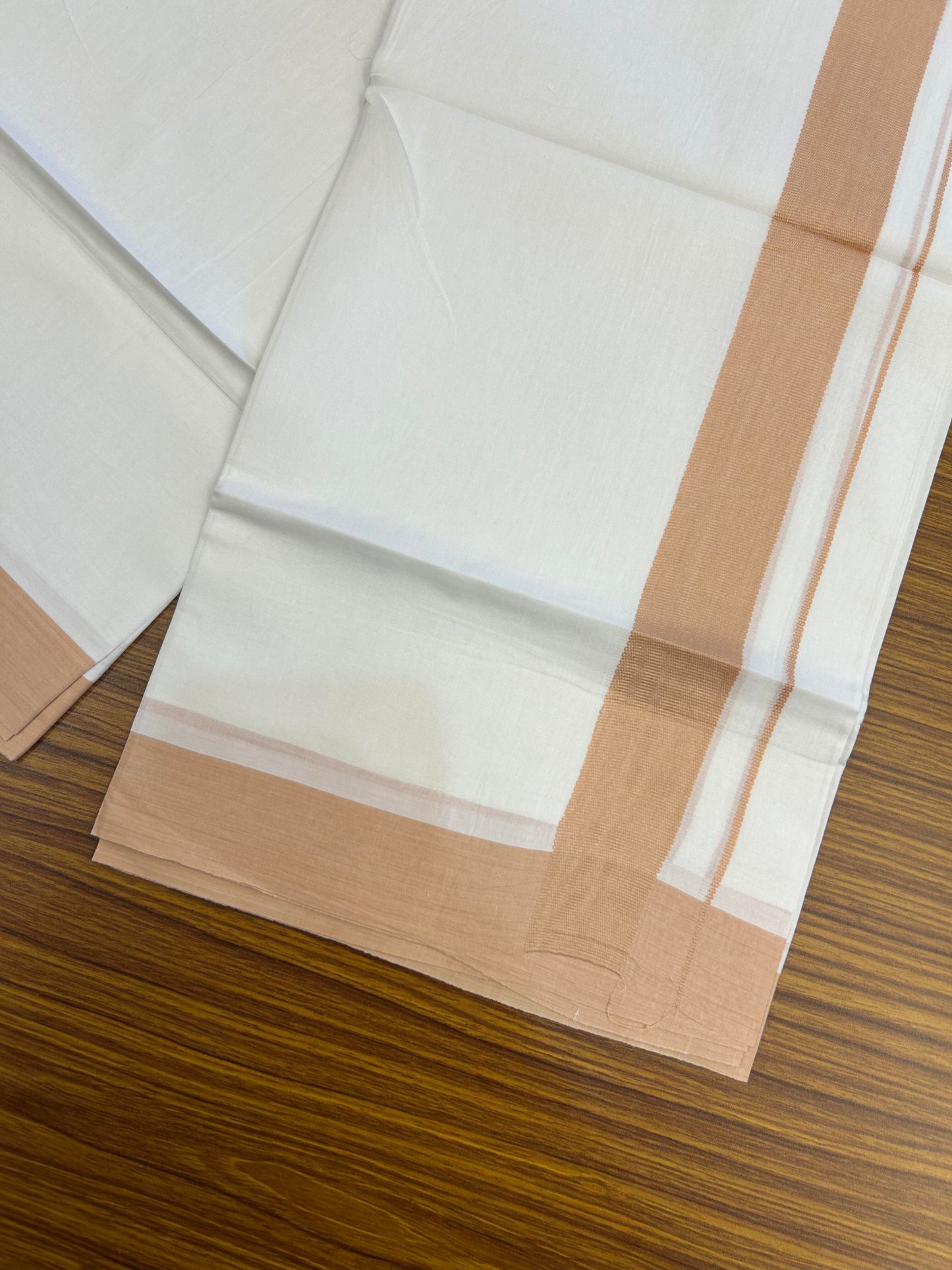 20% Discount ! Kaitharikada Balaramapuram 100% Cotton Pure White Double Mundu/Dothi - 100x80 - 1.5 inch Peach Kara - 3.90 m (8 muzham) - 16 KK5364 MC