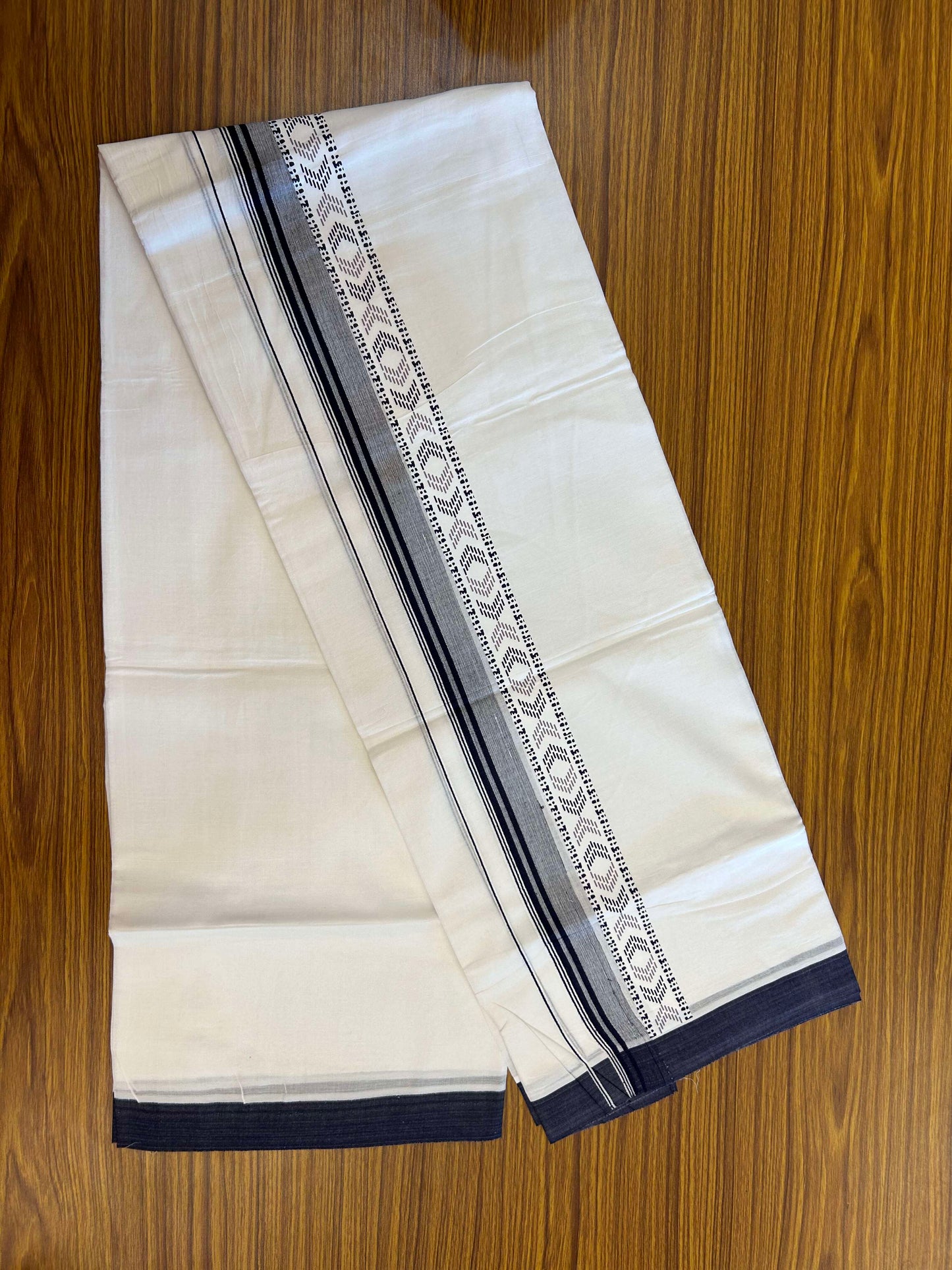 20% Discount ! KaithariKada Balaramapuram Cotton Double Pure white Mundu/Dhoti- 60s - 2.5 inch Navy Blue & Ash Purple Printed Stripes Design Kara - 3.65 mtr (8 muzham) - 12 KK5309 GAN