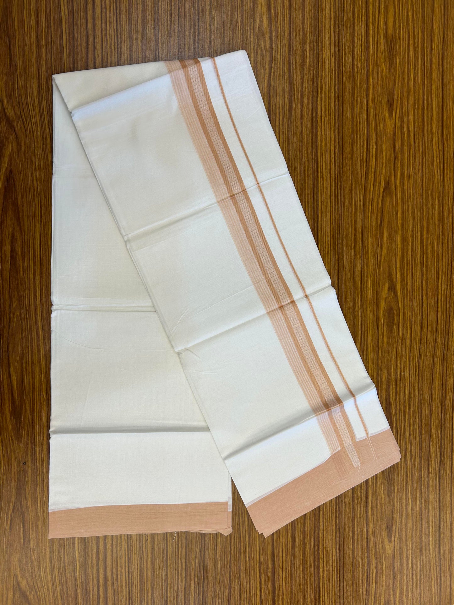 20% Discount ! Kaitharikada Balaramapuram 100% Cotton Pure White Double Mundu/Dothi - 100x80 - 2 inch Peach Brown Shaded Stripes Kara 3.90 m (8 muzham) - 29 KK5364 MC