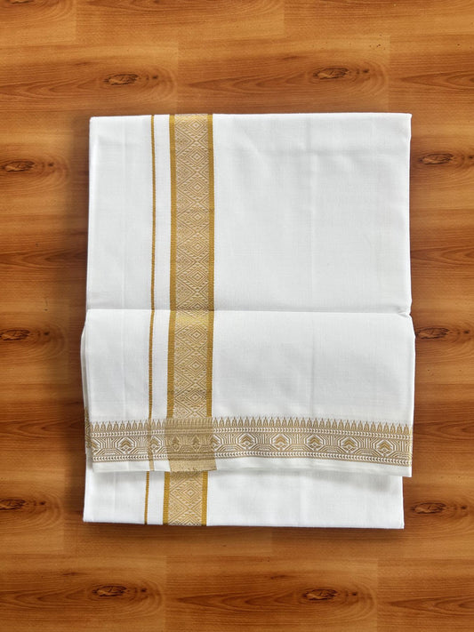 Single Pure White Mundu/Dhoti - 20% Discount!! Kaitharikada Balaramapuram Pure Cotton - 40s - 1.5 inch Gold Kasav Jacquard Design Kara 2 mtr (4 muzham) - 2 KK5405 GAN