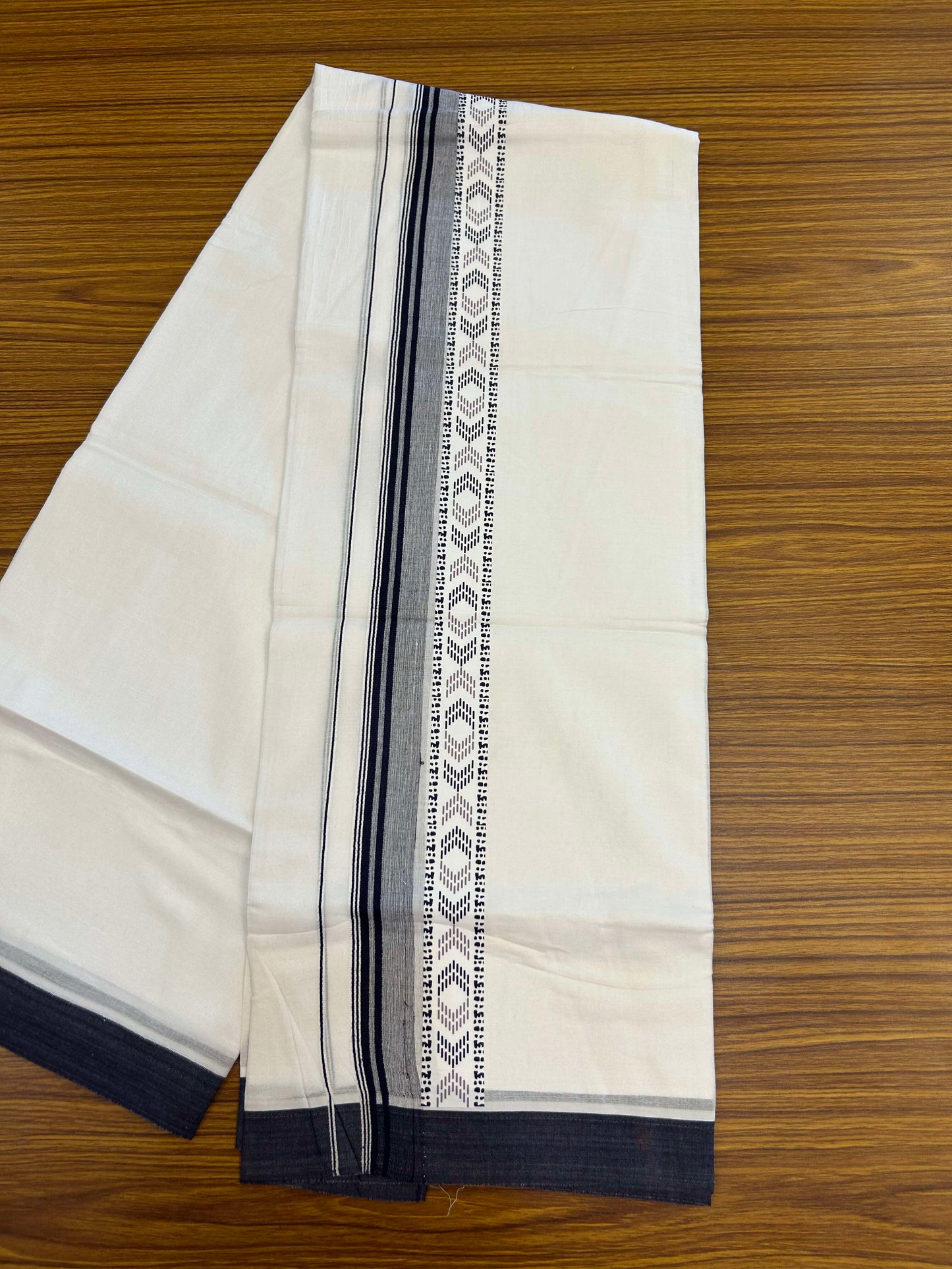 20% Discount ! KaithariKada Balaramapuram Cotton Double Pure white Mundu/Dhoti- 60s - 2.5 inch Navy Blue & Ash Purple Printed Stripes Design Kara - 3.65 mtr (8 muzham) - 12 KK5309 GAN