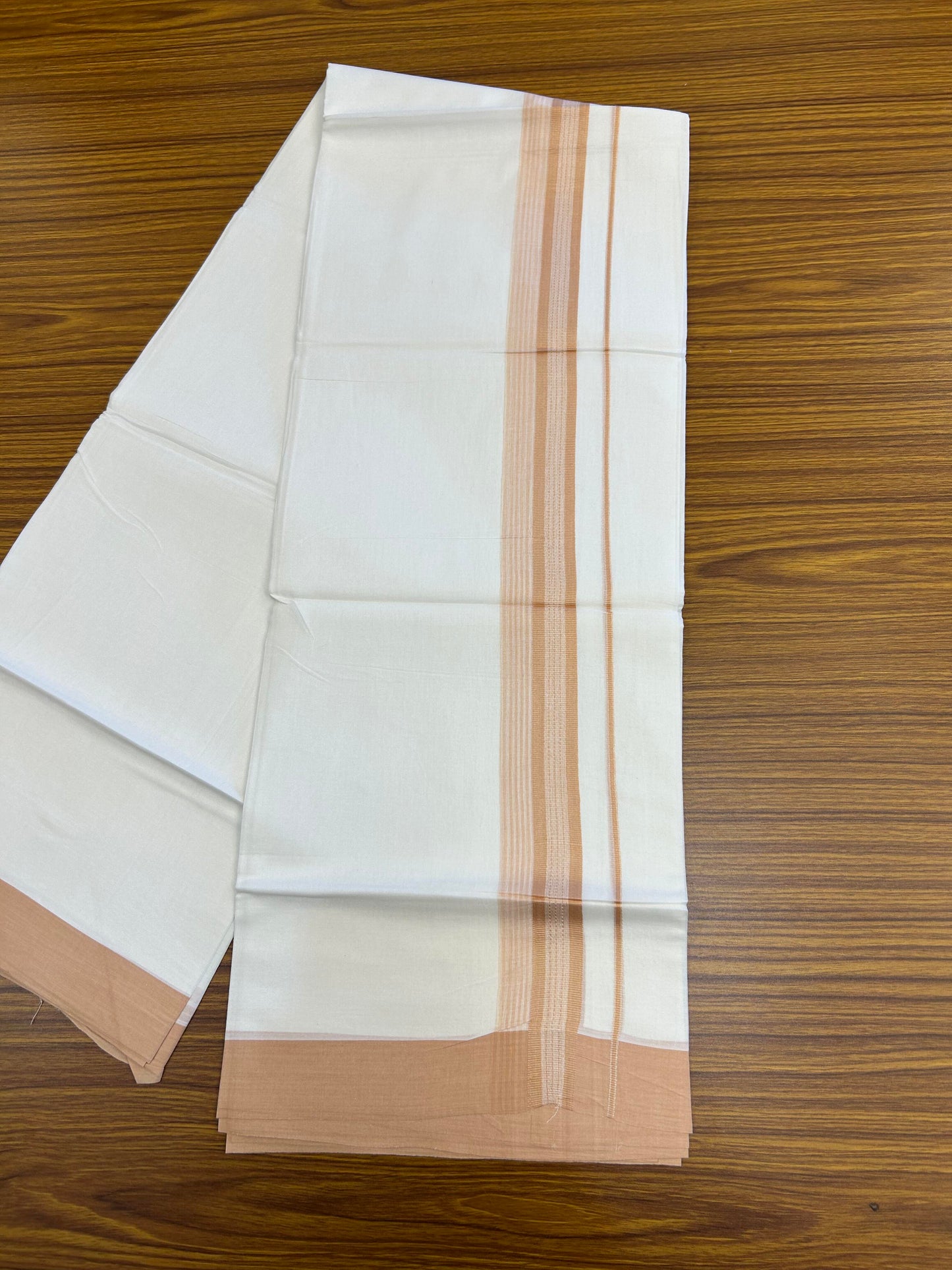 20% Discount ! Kaitharikada Balaramapuram 100% Cotton Pure White Double Mundu/Dothi - 100x80 - 2 inch Peach Brown Shaded Stripes Kara 3.90 m (8 muzham) - 29 KK5364 MC
