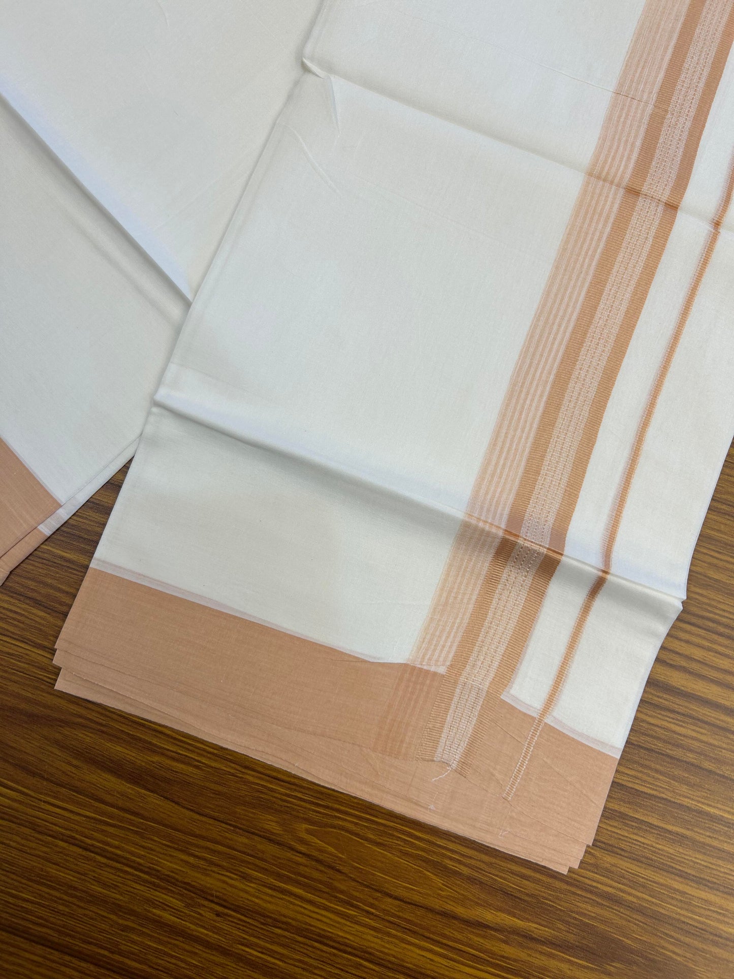 20% Discount ! Kaitharikada Balaramapuram 100% Cotton Pure White Double Mundu/Dothi - 100x80 - 2 inch Peach Brown Shaded Stripes Kara 3.90 m (8 muzham) - 29 KK5364 MC