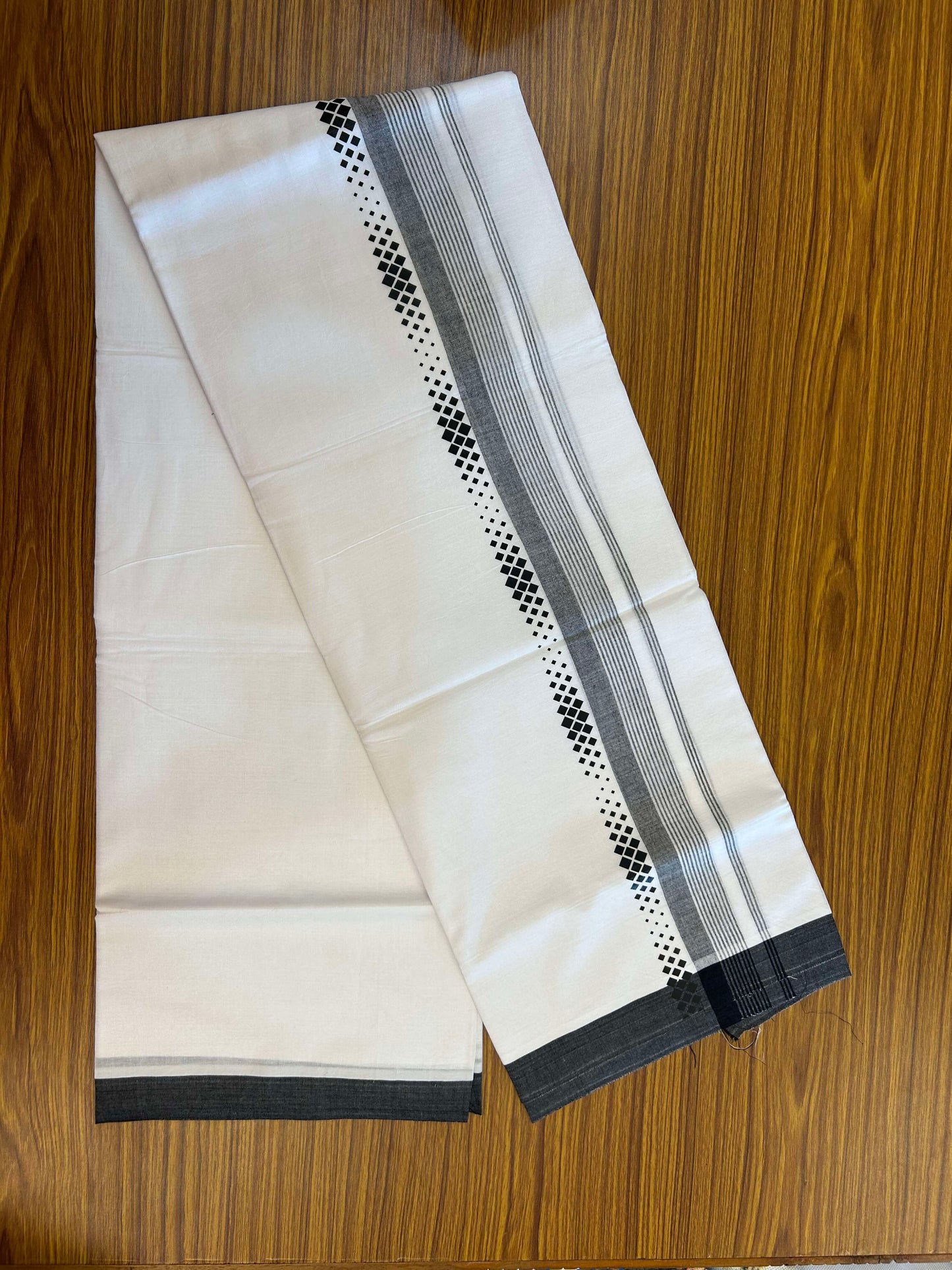 20% Discount ! KaithariKada Balaramapuram Cotton Double Pure white Mundu/Dhoti- 60s - 2.5 inch Black Printed Stripes Design Kara - 3.65 mtr (8 muzham) - 13 KK5309 GAN