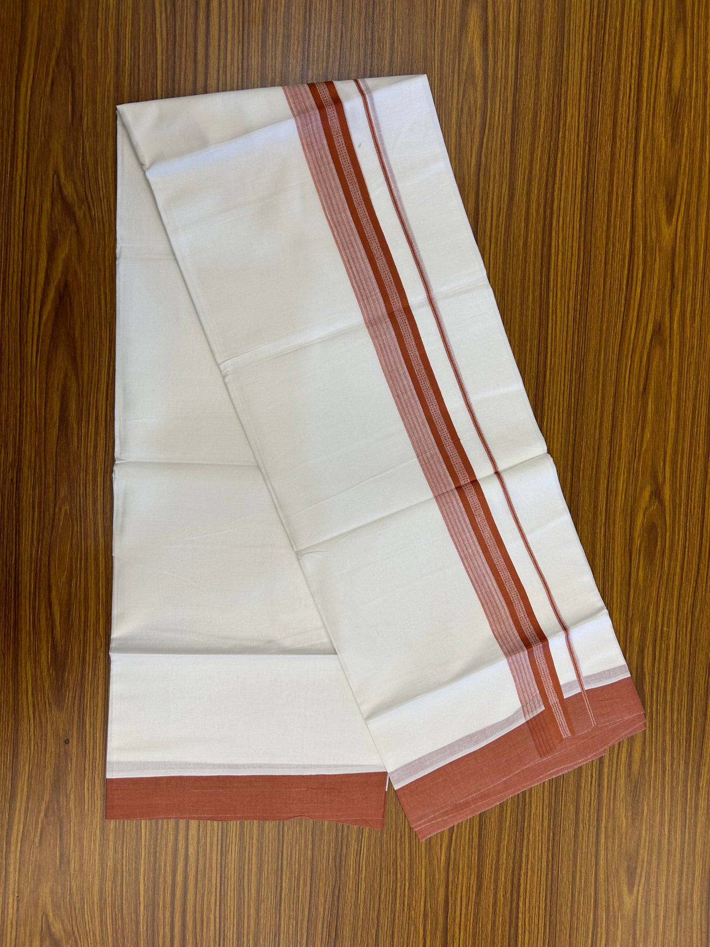 20% Discount ! Kaitharikada Balaramapuram 100% Cotton Pure White Double Mundu/Dothi - 100x80 - 2 inch Rust Orange Shaded Stripes Kara 3.90 m (8 muzham) - 25 KK5364 MC
