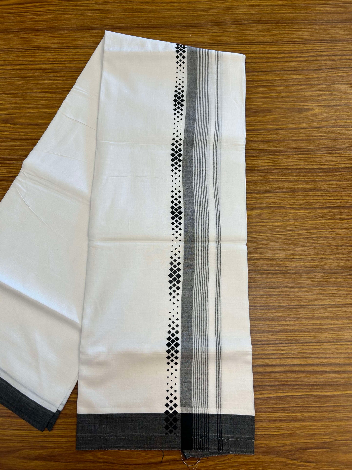 20% Discount ! KaithariKada Balaramapuram Cotton Double Pure white Mundu/Dhoti- 60s - 2.5 inch Black Printed Stripes Design Kara - 3.65 mtr (8 muzham) - 13 KK5309 GAN