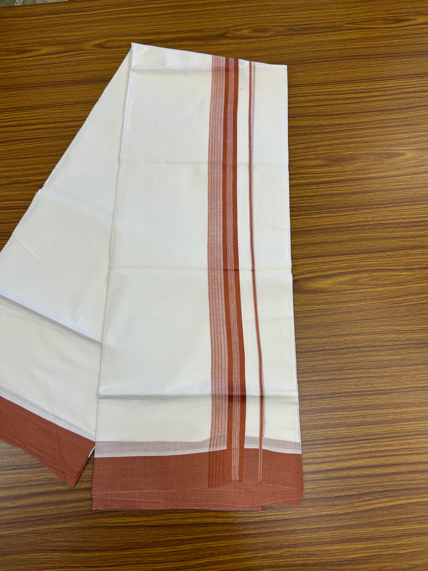 20% Discount ! Kaitharikada Balaramapuram 100% Cotton Pure White Double Mundu/Dothi - 100x80 - 2 inch Rust Orange Shaded Stripes Kara 3.90 m (8 muzham) - 25 KK5364 MC