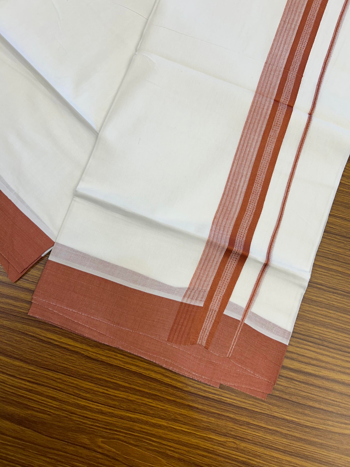 20% Discount ! Kaitharikada Balaramapuram 100% Cotton Pure White Double Mundu/Dothi - 100x80 - 2 inch Rust Orange Shaded Stripes Kara 3.90 m (8 muzham) - 25 KK5364 MC