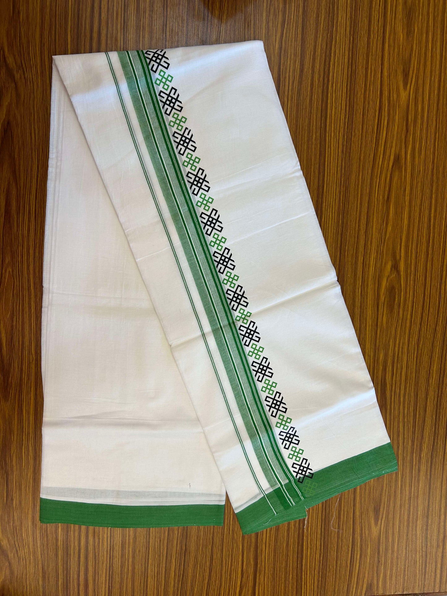 20% Discount ! KaithariKada Balaramapuram Cotton Double Pure white Mundu/Dhoti- 60s - 2.5 inch Black & Green Printed Stripes Design Kara - 3.65 mtr (8 muzham) - 14 KK5309 GAN