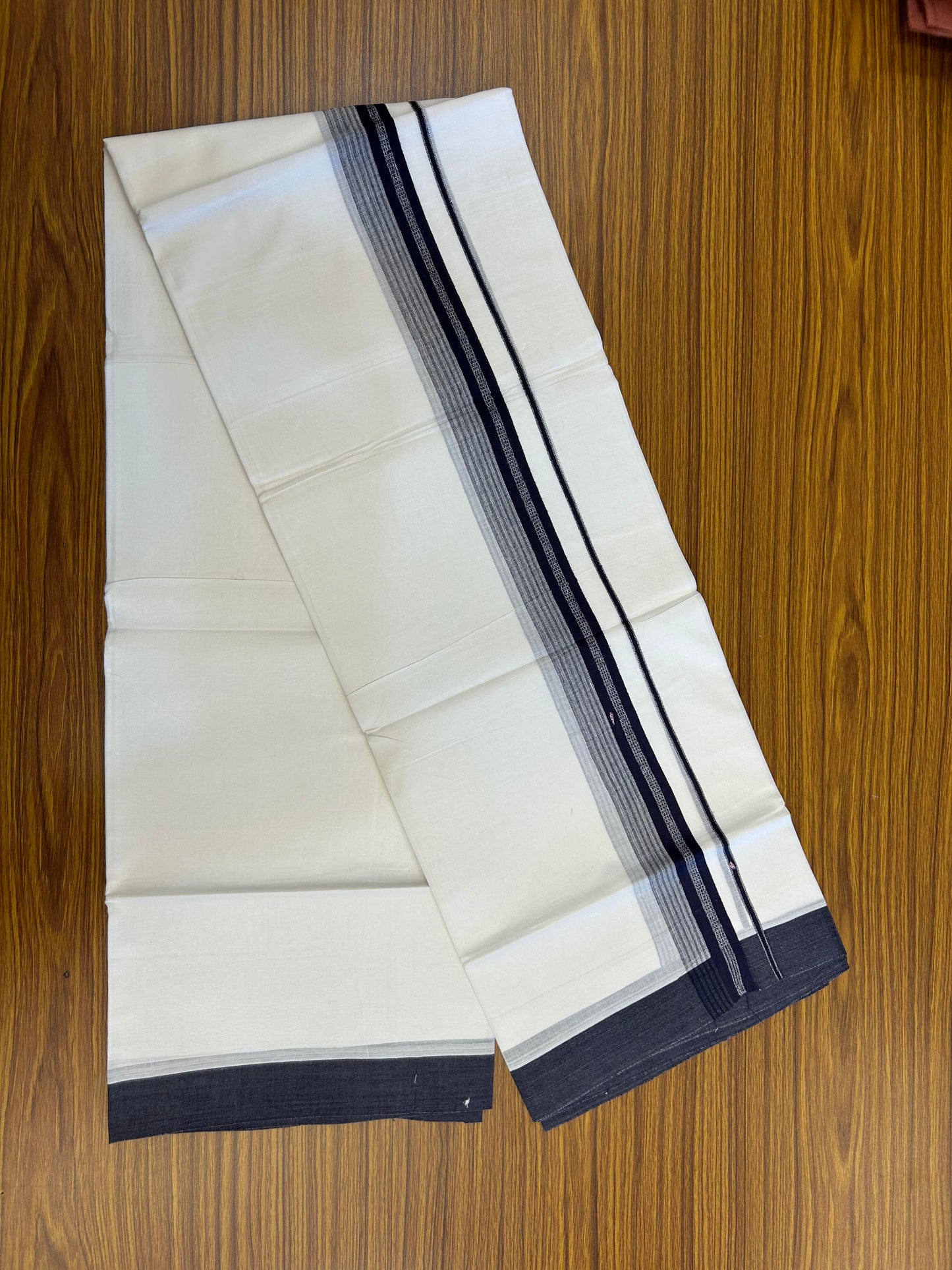 20% Discount ! Kaitharikada Balaramapuram 100% Cotton Pure White Double Mundu/Dothi - 100x80 - 2 inch Navy Blue Shaded Stripes Kara 3.90 m (8 muzham) - 38 KK5364 MC