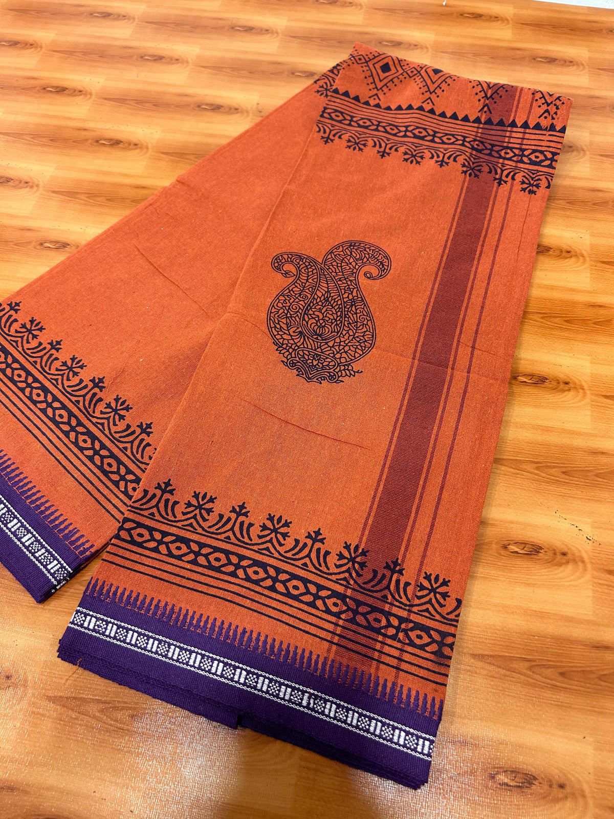 Single Kaily / Lungi - Kaitharikada - Mixed Cotton - 40s twisted - 1.5 inch Violet & Blue Printed Design Kara With Kavi Colour Body (2 meter / 4 muzham) -  8 KK8084 GAN