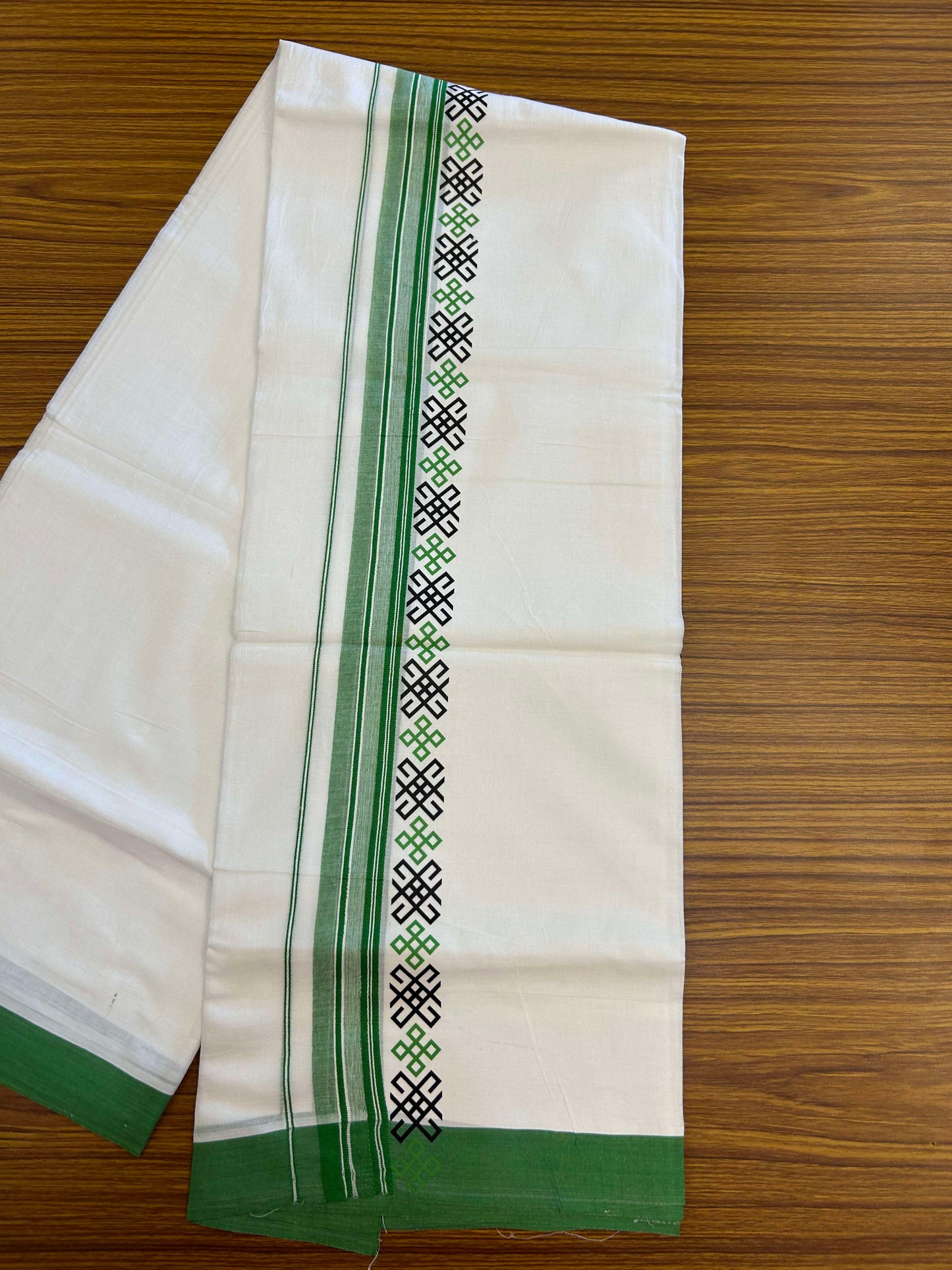 20% Discount ! KaithariKada Balaramapuram Cotton Double Pure white Mundu/Dhoti- 60s - 2.5 inch Black & Green Printed Stripes Design Kara - 3.65 mtr (8 muzham) - 14 KK5309 GAN