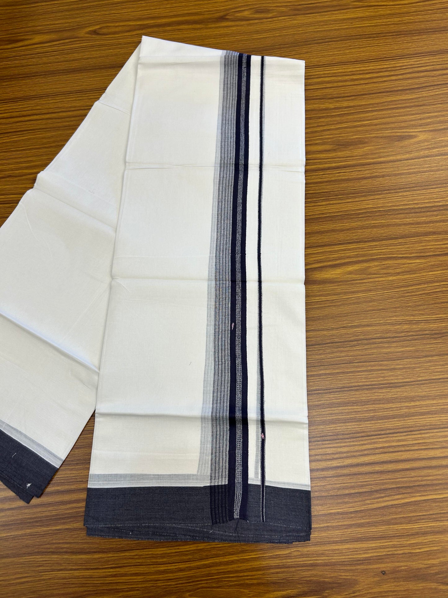 20% Discount ! Kaitharikada Balaramapuram 100% Cotton Pure White Double Mundu/Dothi - 100x80 - 2 inch Navy Blue Shaded Stripes Kara 3.90 m (8 muzham) - 38 KK5364 MC