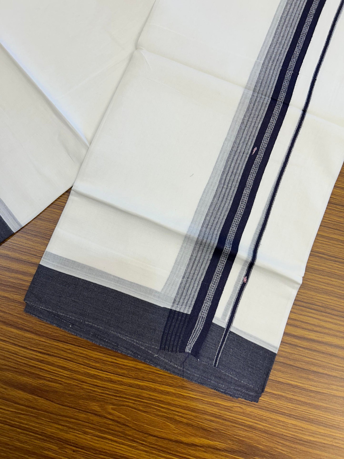 20% Discount ! Kaitharikada Balaramapuram 100% Cotton Pure White Double Mundu/Dothi - 100x80 - 2 inch Navy Blue Shaded Stripes Kara 3.90 m (8 muzham) - 38 KK5364 MC