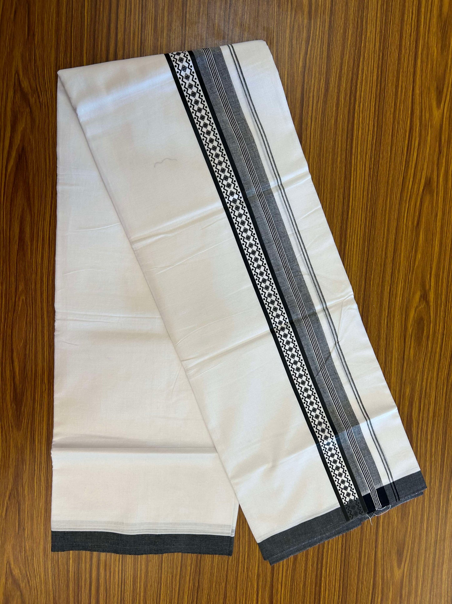 20% Discount ! KaithariKada Balaramapuram Cotton Double Pure white Mundu/Dhoti- 60s - 2.5 inch Black Printed Stripes Design Kara - 3.65 mtr (8 muzham) - 15 KK5309 GAN