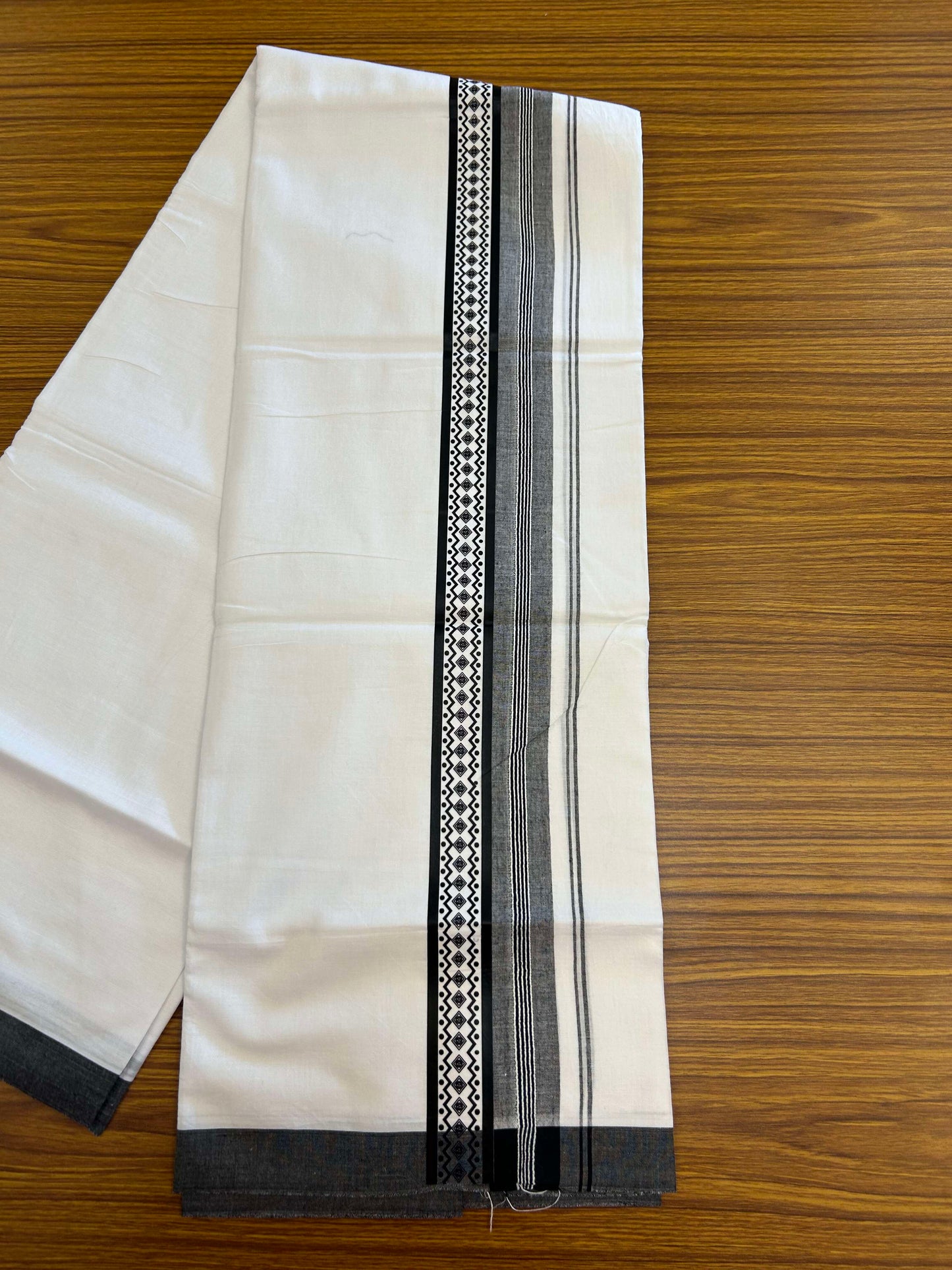 20% Discount ! KaithariKada Balaramapuram Cotton Double Pure white Mundu/Dhoti- 60s - 2.5 inch Black Printed Stripes Design Kara - 3.65 mtr (8 muzham) - 15 KK5309 GAN