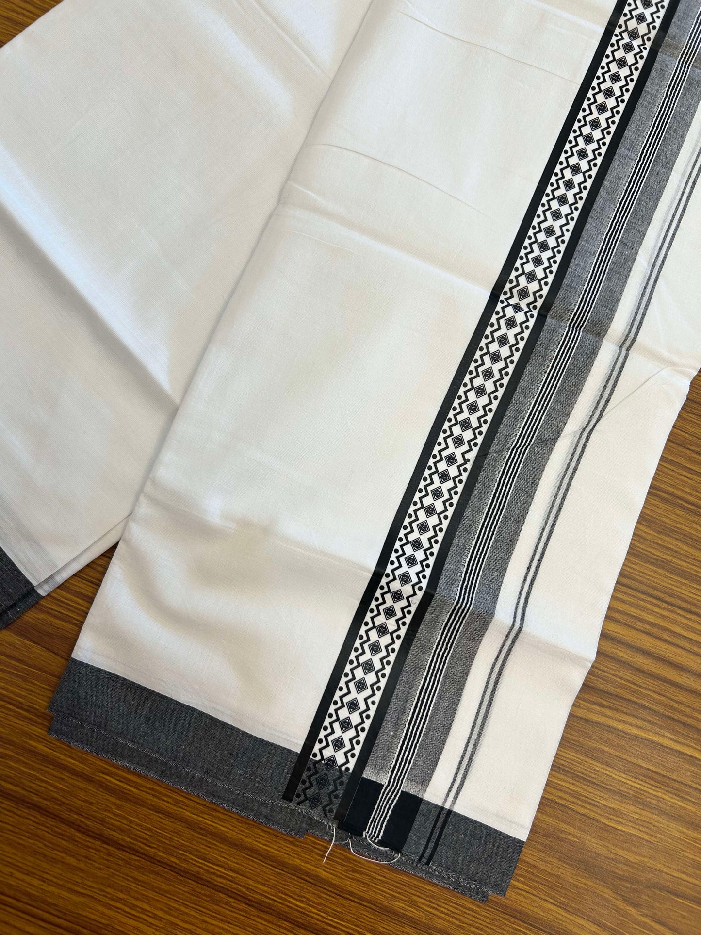 20% Discount ! KaithariKada Balaramapuram Cotton Double Pure white Mundu/Dhoti- 60s - 2.5 inch Black Printed Stripes Design Kara - 3.65 mtr (8 muzham) - 15 KK5309 GAN
