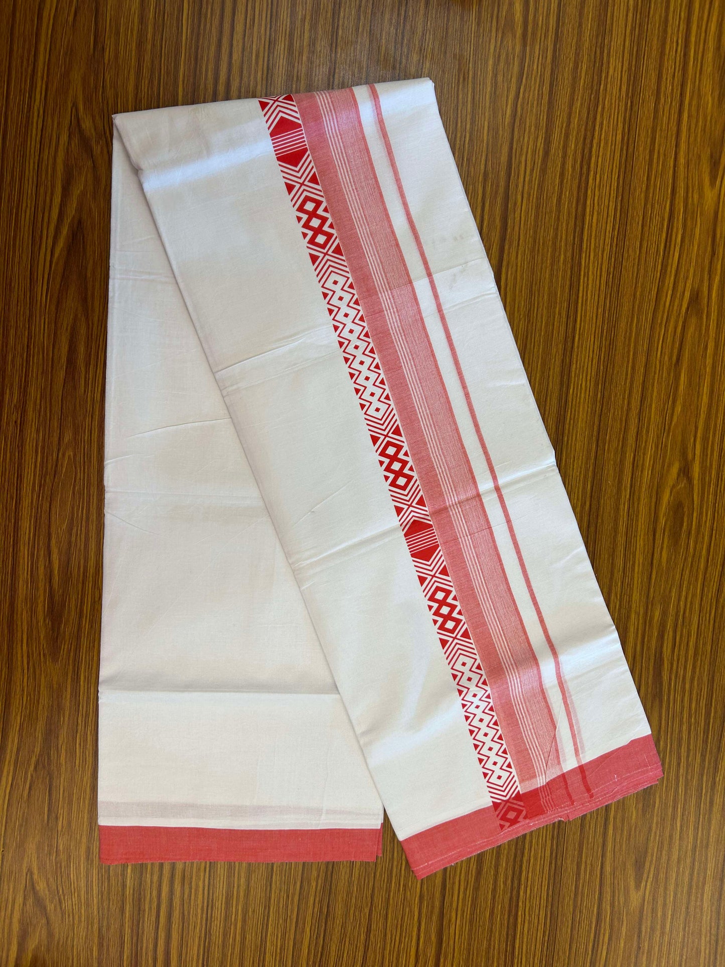 20% Discount ! KaithariKada Balaramapuram Cotton Double Pure white Mundu/Dhoti- 60s - 3.75 inch Reddish Peach Printed Stripes Design Kara - 3.65 mtr (8 muzham) - 16 KK5309 GAN