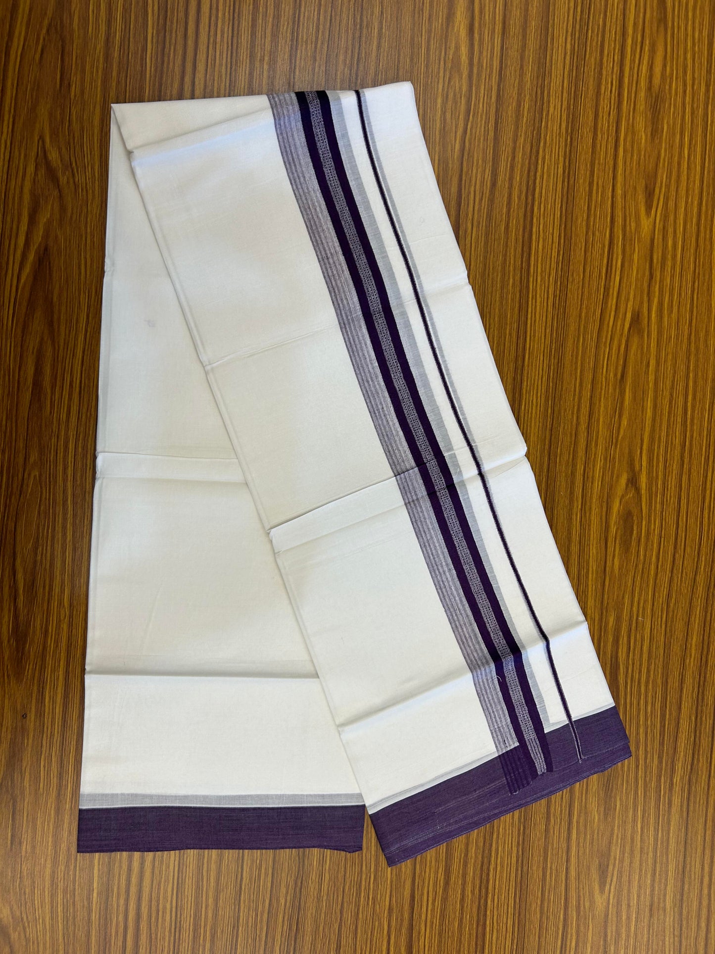 20% Discount ! Kaitharikada Balaramapuram 100% Cotton Pure White Double Mundu/Dothi - 100x80 - 2 inch Dark Violet Shaded Stripes Kara 3.90 m (8 muzham) - 37 KK5364 MC