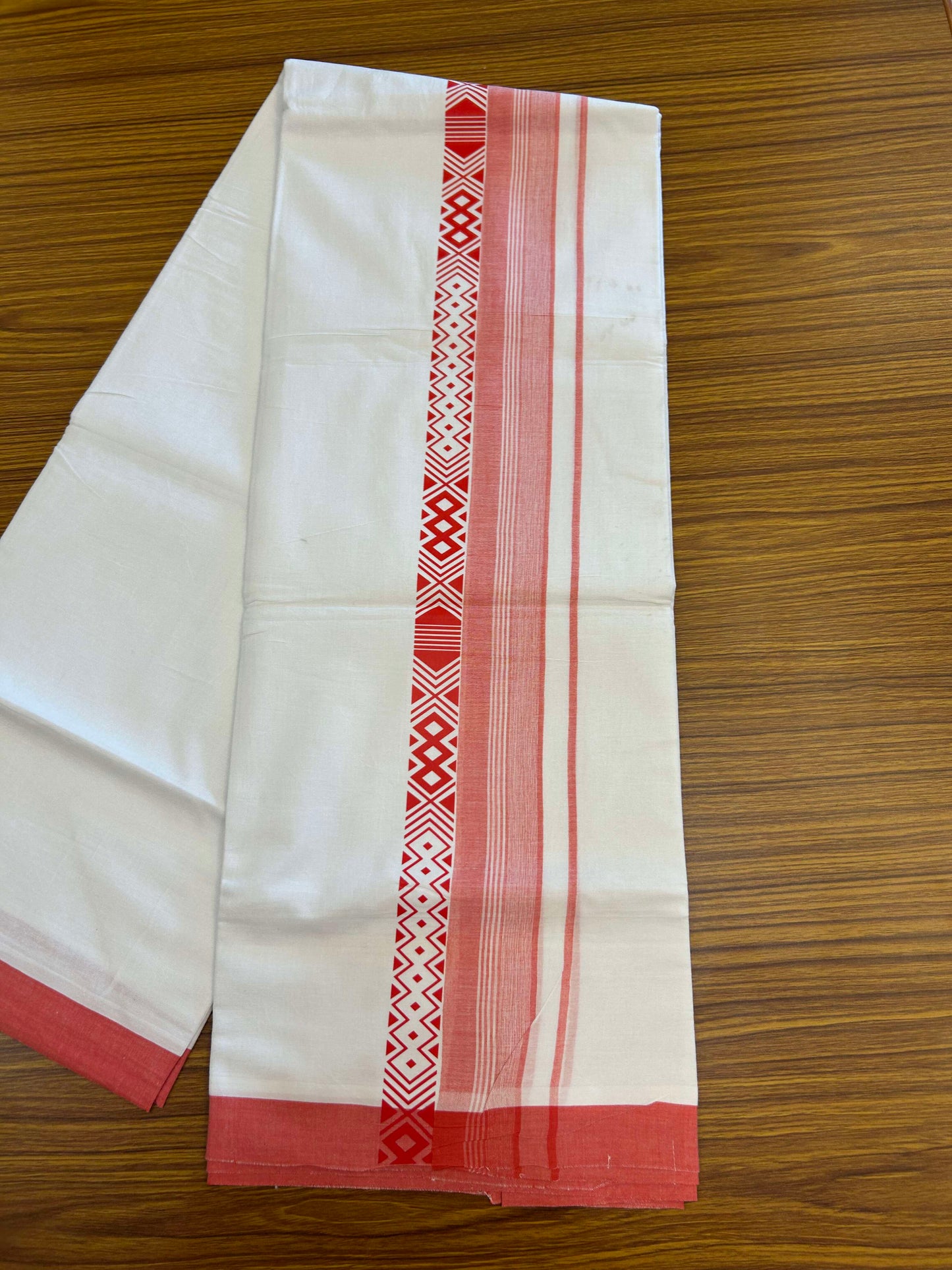 20% Discount ! KaithariKada Balaramapuram Cotton Double Pure white Mundu/Dhoti- 60s - 3.75 inch Reddish Peach Printed Stripes Design Kara - 3.65 mtr (8 muzham) - 16 KK5309 GAN