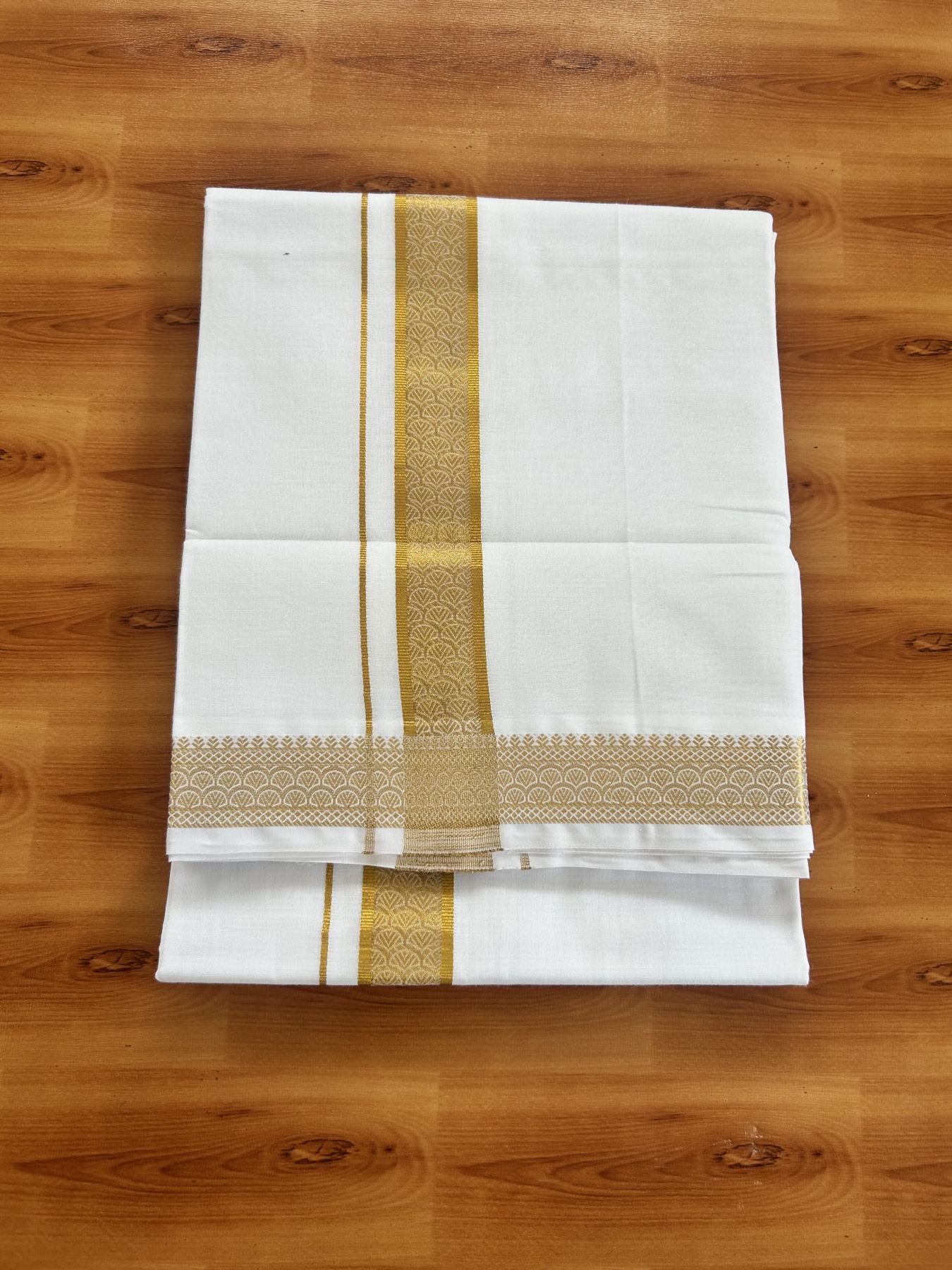 Double Pure White Mundu/Dhoti - 20% Discount!! Kaitharikada Balaramapuram Pure Cotton - 60s - 1.75 inch Gold Kasav Jacquard Design Kara 4 mtr (8.5 Muzham) - 1 KK5406 GAN