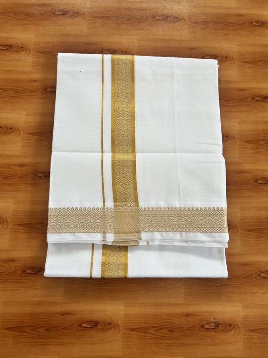 Double Pure White Mundu/Dhoti - 20% Discount!! Kaitharikada Balaramapuram Pure Cotton - 80s - 1.75 inch Gold Kasav Jacquard Design Kara 4 mtr (8.5 Muzham) - 1 KK5406 GAN