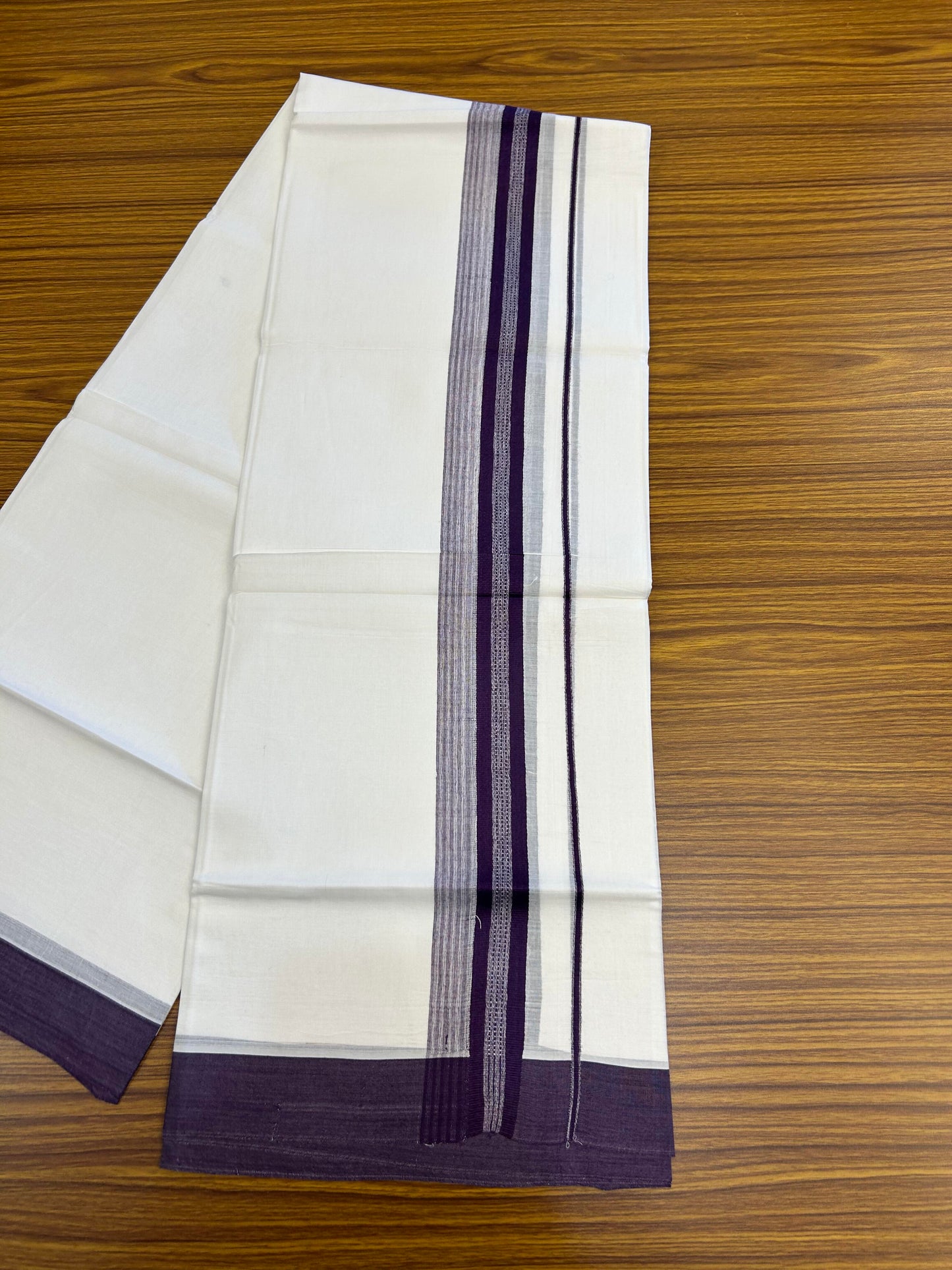 20% Discount ! Kaitharikada Balaramapuram 100% Cotton Pure White Double Mundu/Dothi - 100x80 - 2 inch Dark Violet Shaded Stripes Kara 3.90 m (8 muzham) - 37 KK5364 MC