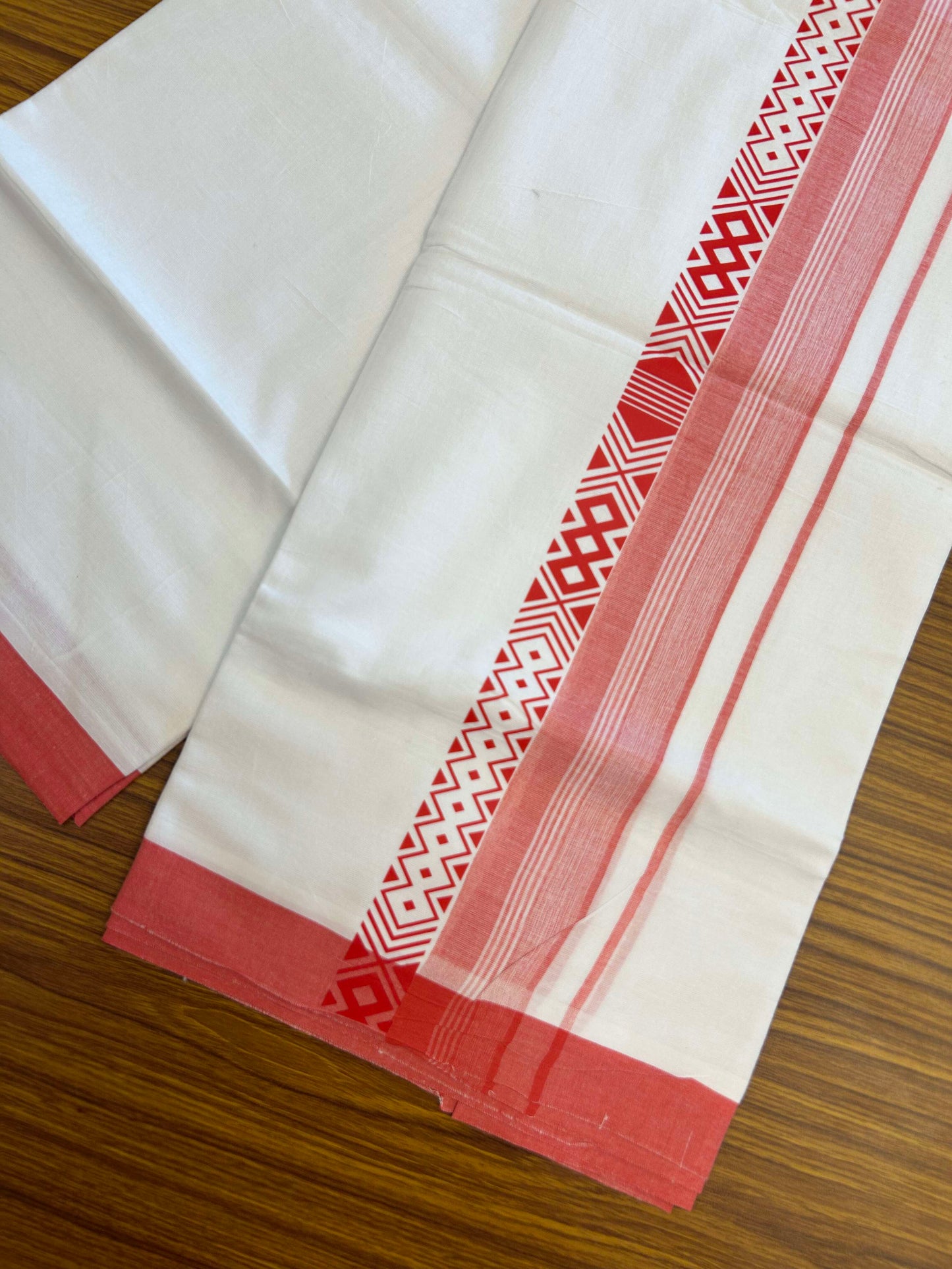 20% Discount ! KaithariKada Balaramapuram Cotton Double Pure white Mundu/Dhoti- 60s - 3.75 inch Reddish Peach Printed Stripes Design Kara - 3.65 mtr (8 muzham) - 16 KK5309 GAN