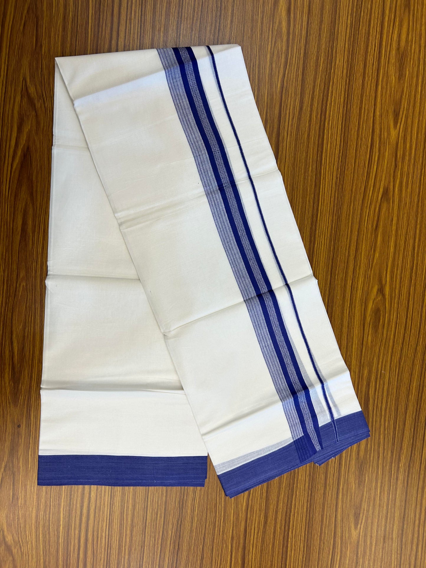 20% Discount ! Kaitharikada Balaramapuram 100% Cotton Pure White Double Mundu/Dothi - 100x80 - 2 inch Royal Blue Shaded Stripes Kara 3.90 m (8 muzham)- 22 KK5364 MC