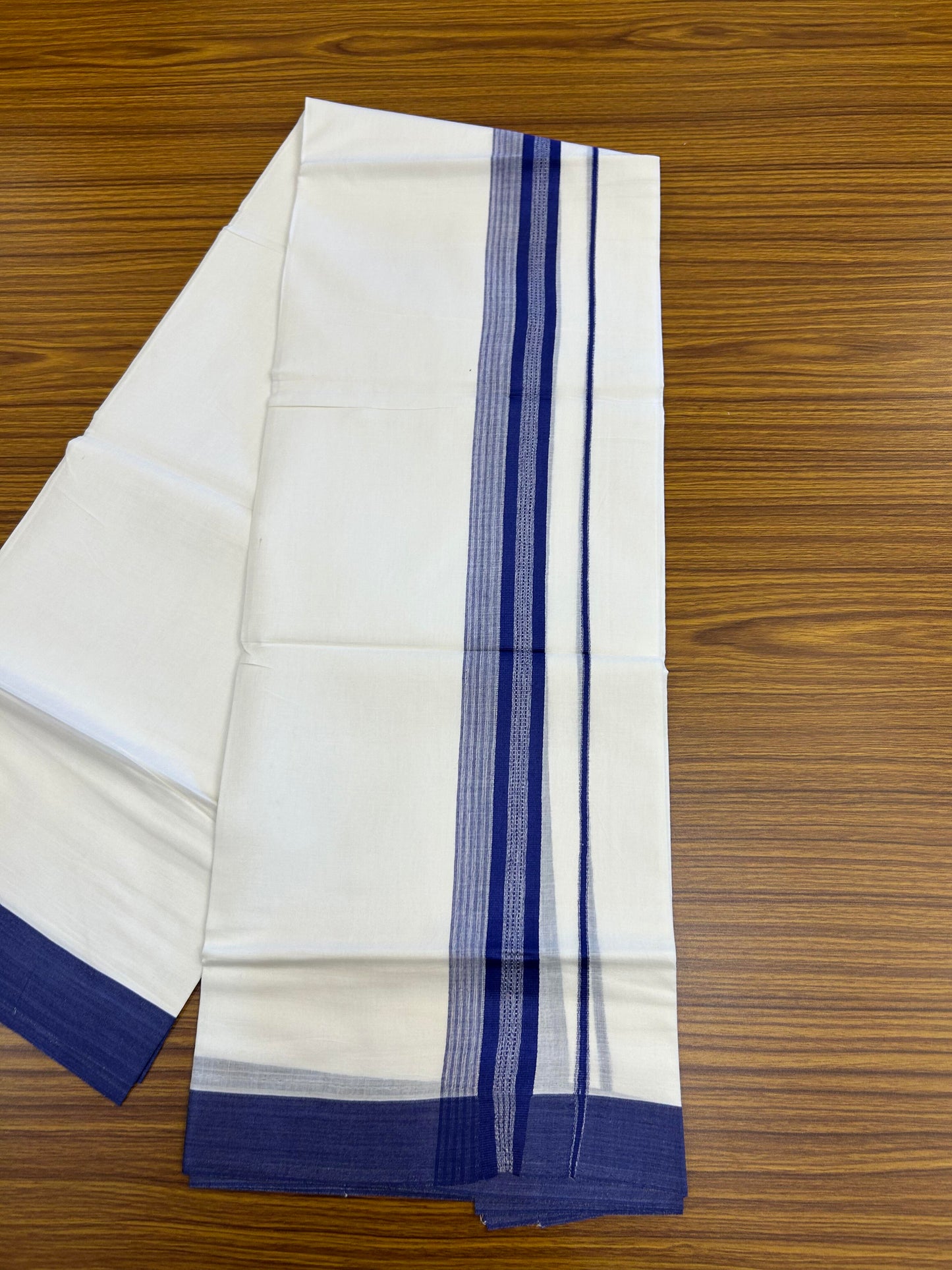 20% Discount ! Kaitharikada Balaramapuram 100% Cotton Pure White Double Mundu/Dothi - 100x80 - 2 inch Royal Blue Shaded Stripes Kara 3.90 m (8 muzham)- 22 KK5364 MC