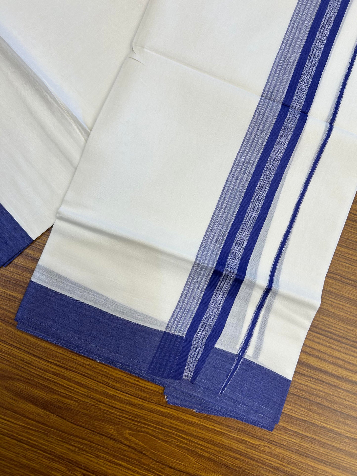 20% Discount ! Kaitharikada Balaramapuram 100% Cotton Pure White Double Mundu/Dothi - 100x80 - 2 inch Royal Blue Shaded Stripes Kara 3.90 m (8 muzham)- 22 KK5364 MC