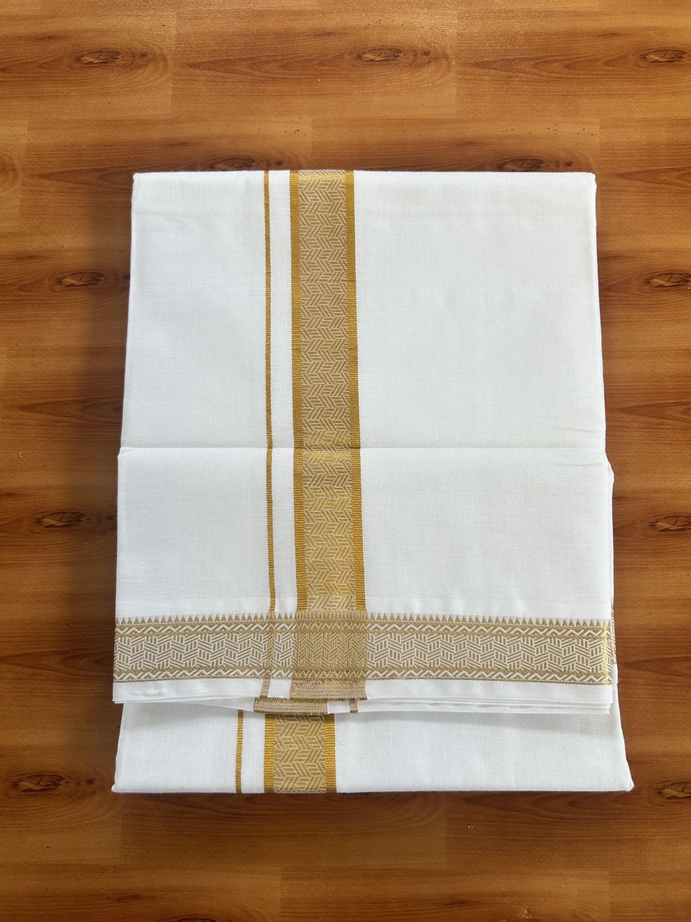 Double Pure White Mundu/Dhoti - 20% Discount!! Kaitharikada Balaramapuram Pure Cotton - 60s - 1.5 inch Gold Kasav Jacquard Design Kara 4 mtr (8.5 Muzham) - 2 KK5406 GAN