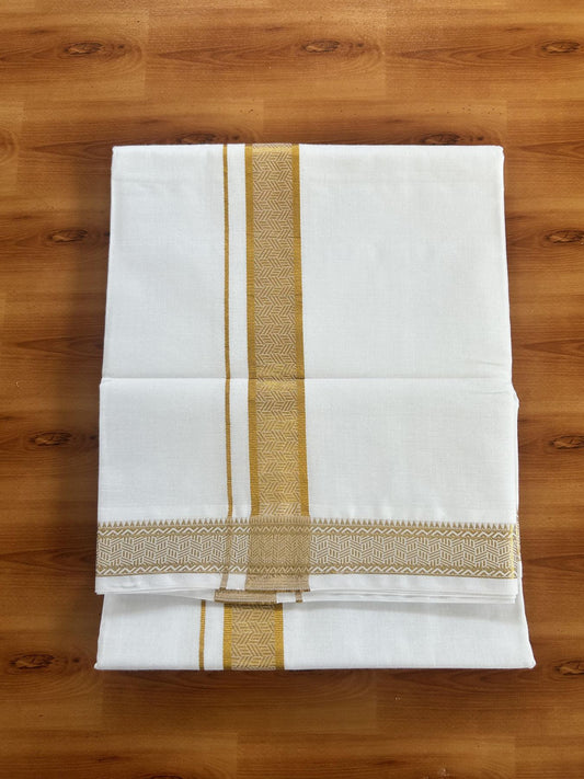 Double Pure White Mundu/Dhoti - 20% Discount!! Kaitharikada Balaramapuram Pure Cotton - 80s - 1.5 inch Gold Kasav Jacquard Design Kara 4 mtr (8.5 Muzham) - 2 KK5406 GAN