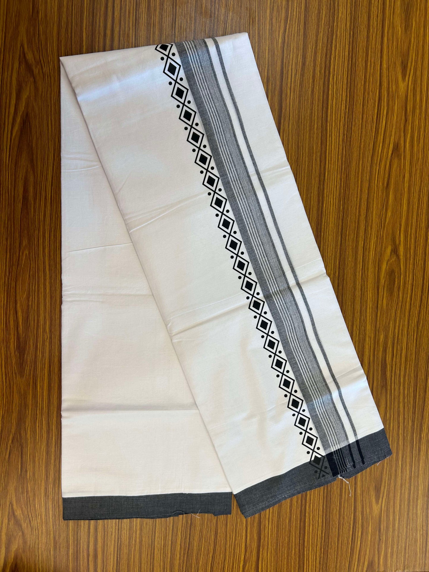 20% Discount ! KaithariKada Balaramapuram Cotton Double Pure white Mundu/Dhoti- 60s - 2.5 inch Black Printed Shaded Stripes Design Kara - 3.65 mtr (8 muzham) - 18 KK5309 GAN