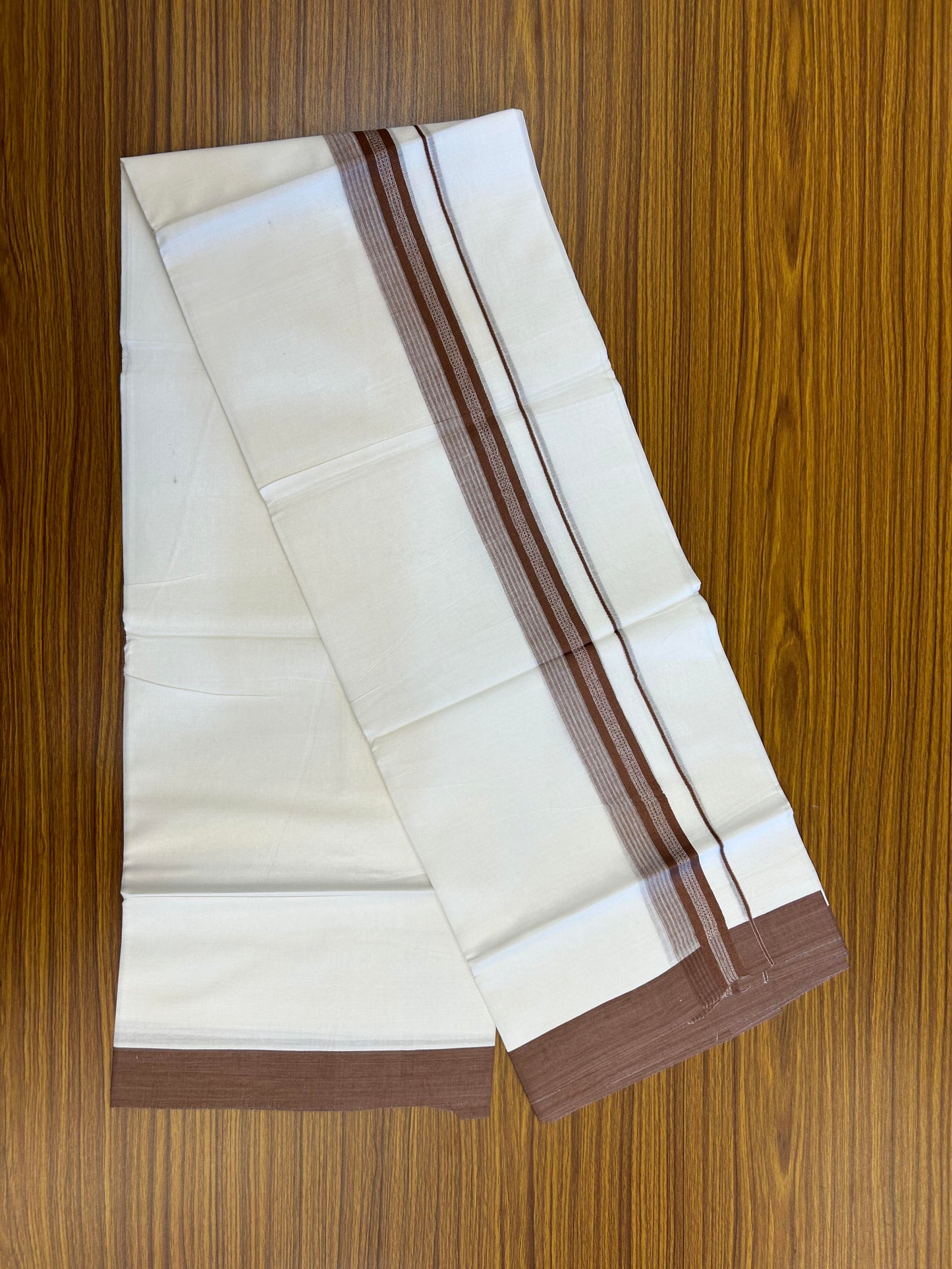 20% Discount ! Kaitharikada Balaramapuram 100% Cotton Pure White Double Mundu/Dothi - 100x80 - 2 inch Brown Shaded Stripes Kara 3.90 m (8 muzham) - 23 KK5364 MC