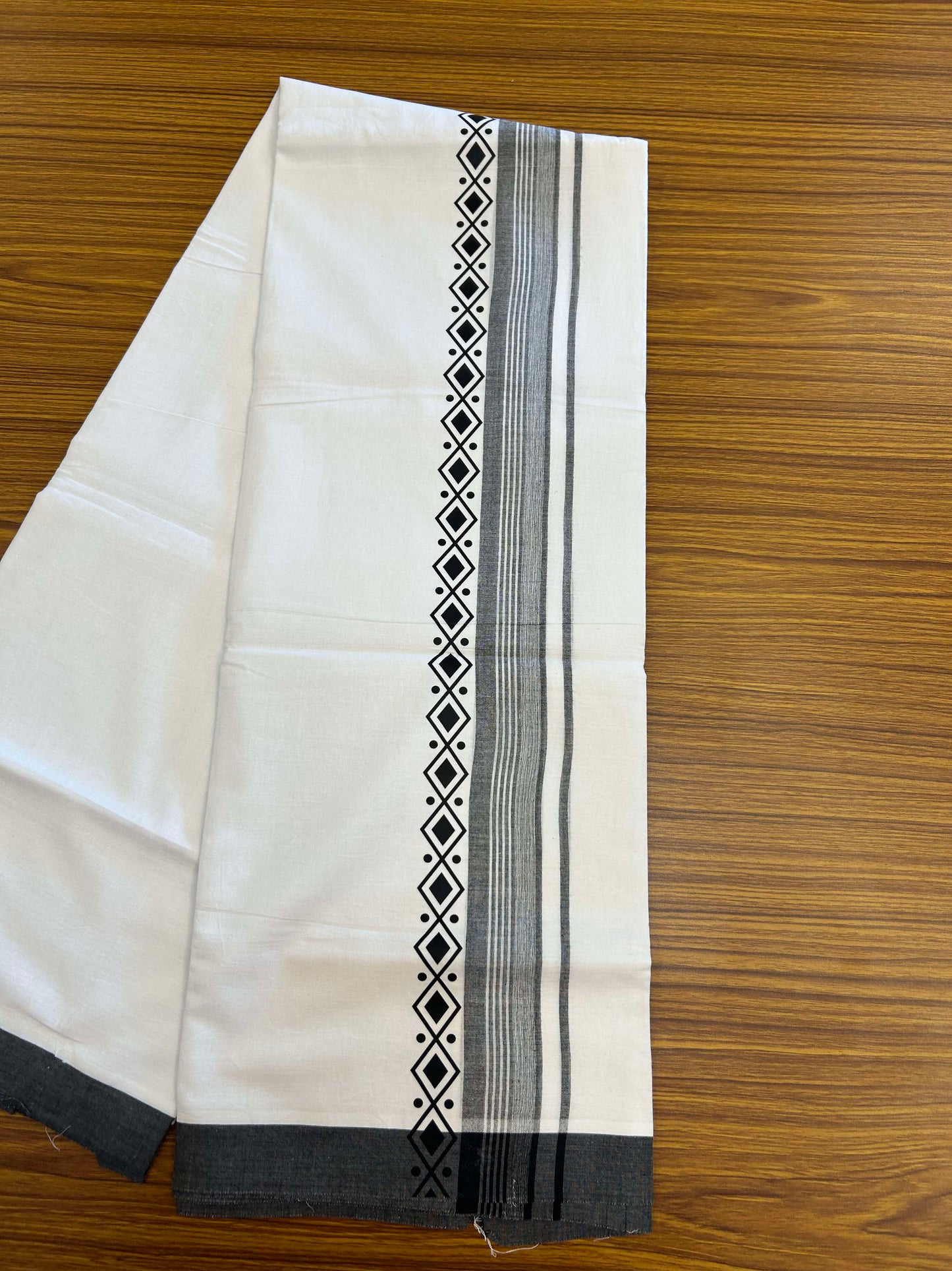 20% Discount ! KaithariKada Balaramapuram Cotton Double Pure white Mundu/Dhoti- 60s - 2.5 inch Black Printed Shaded Stripes Design Kara - 3.65 mtr (8 muzham) - 18 KK5309 GAN