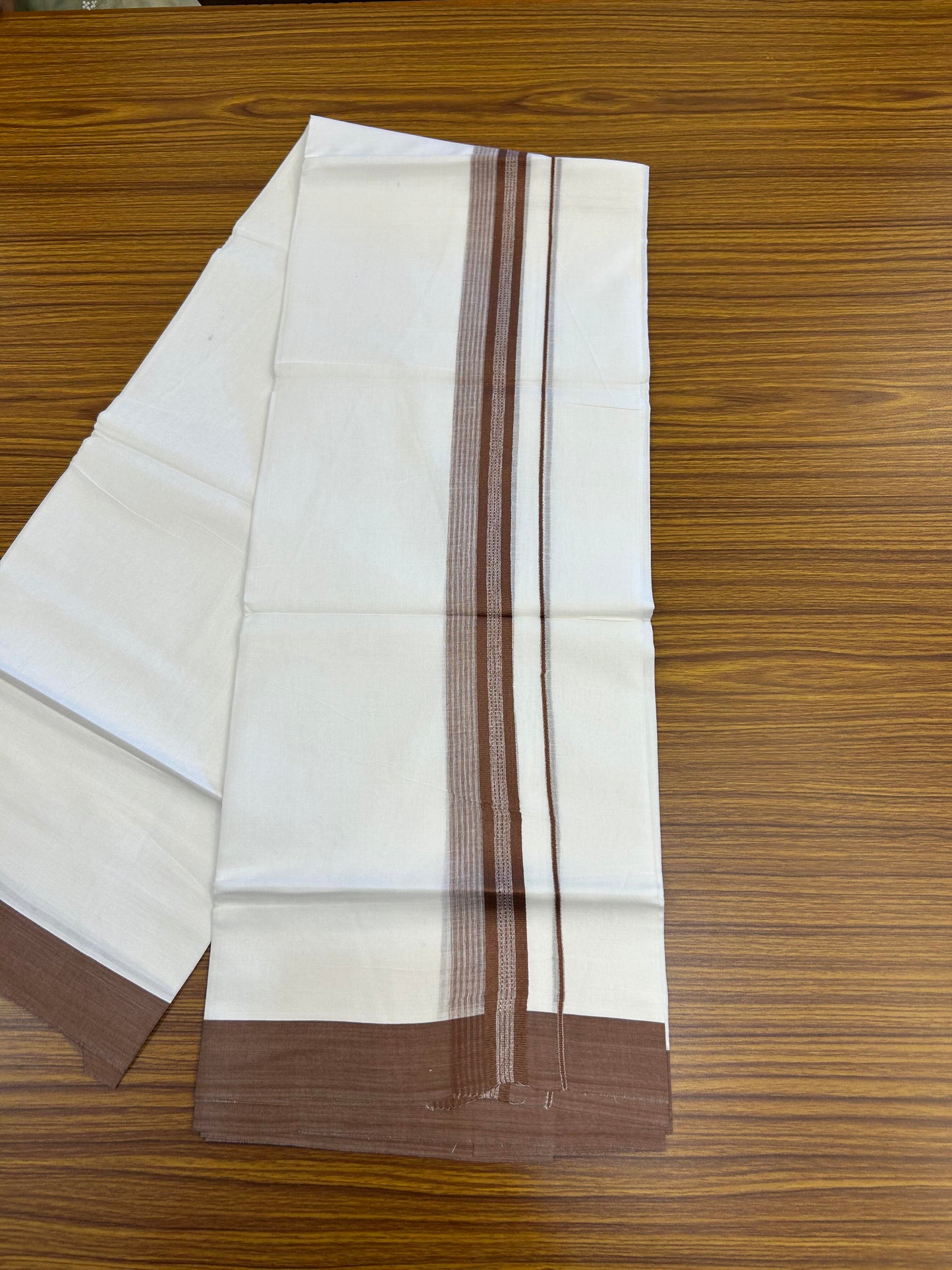 20% Discount ! Kaitharikada Balaramapuram 100% Cotton Pure White Double Mundu/Dothi - 100x80 - 2 inch Brown Shaded Stripes Kara 3.90 m (8 muzham) - 23 KK5364 MC