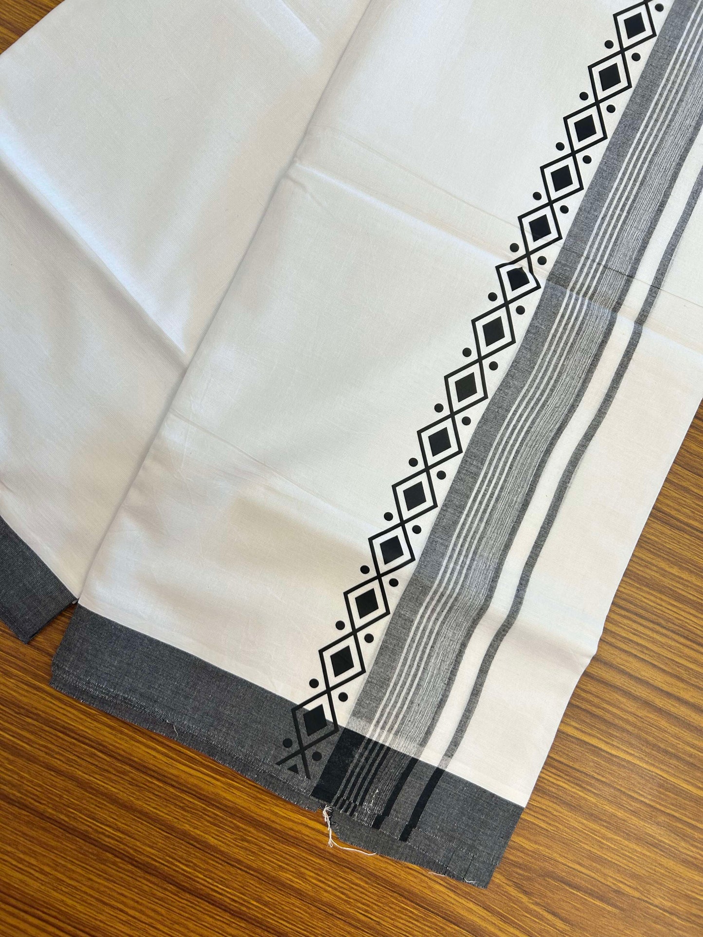 20% Discount ! KaithariKada Balaramapuram Cotton Double Pure white Mundu/Dhoti- 60s - 2.5 inch Black Printed Shaded Stripes Design Kara - 3.65 mtr (8 muzham) - 18 KK5309 GAN