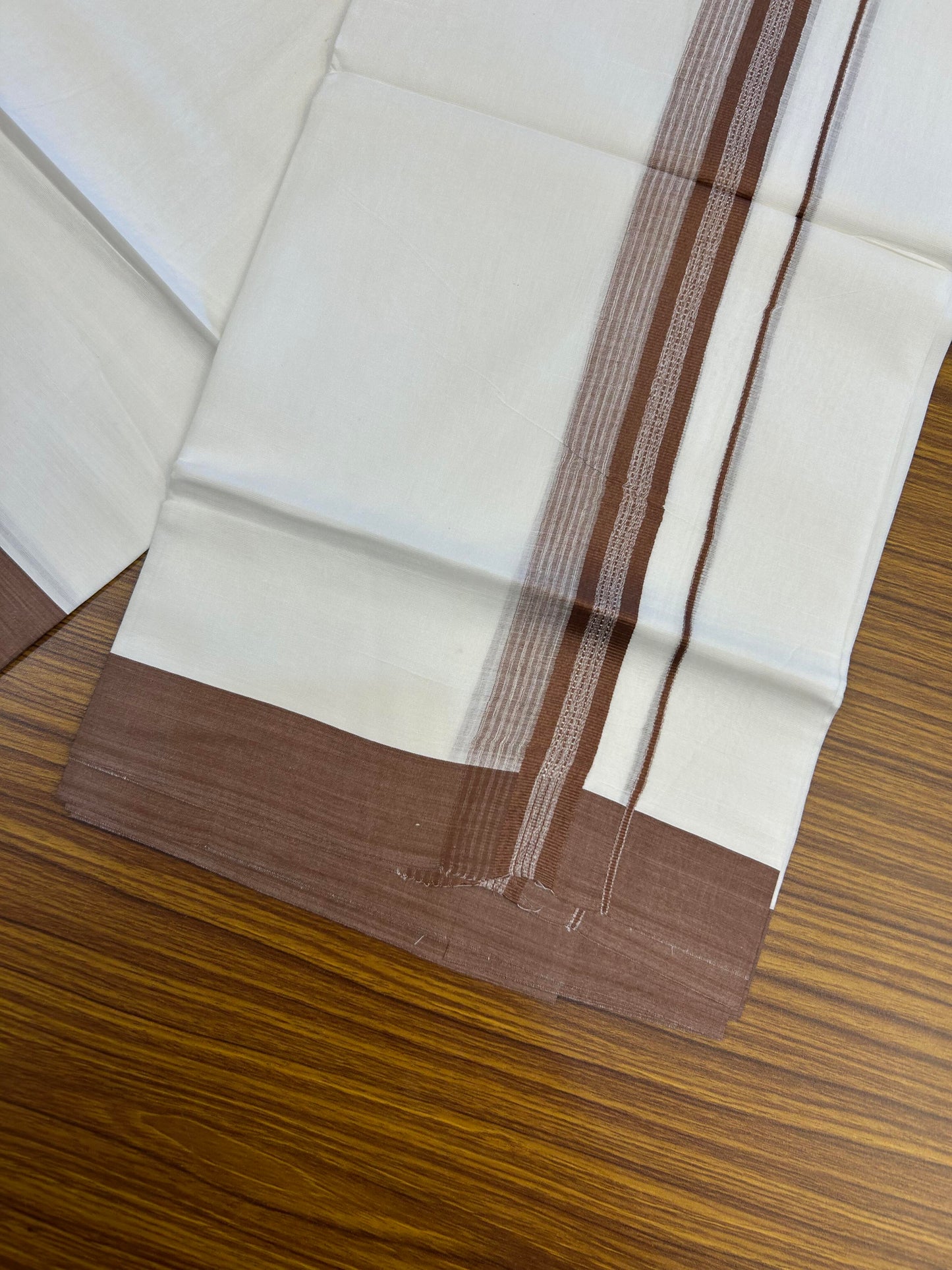 20% Discount ! Kaitharikada Balaramapuram 100% Cotton Pure White Double Mundu/Dothi - 100x80 - 2 inch Brown Shaded Stripes Kara 3.90 m (8 muzham) - 23 KK5364 MC