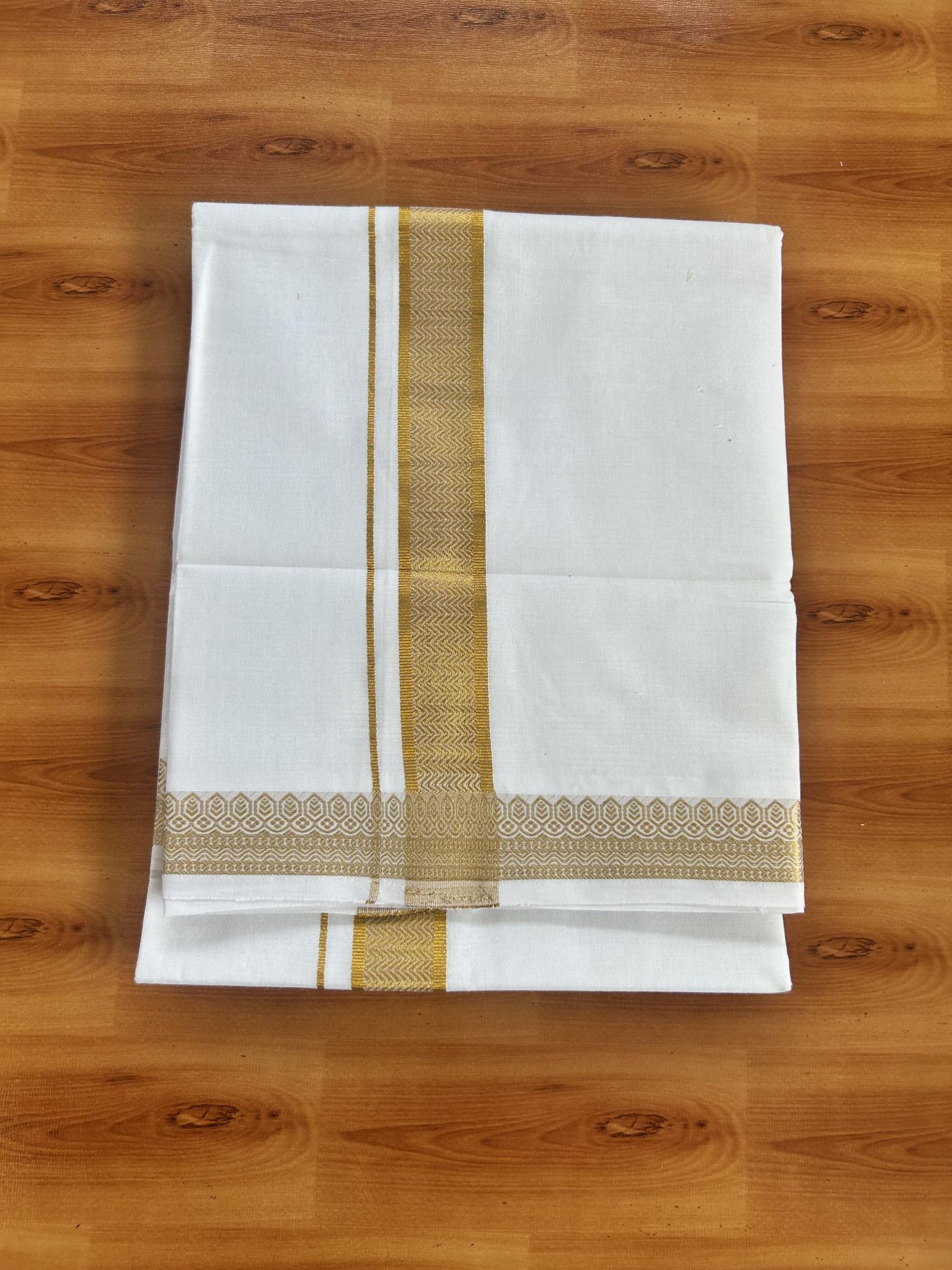 Double Pure White Mundu/Dhoti - 20% Discount!! Kaitharikada Balaramapuram Pure Cotton - 60s - 1.5 inch Gold Kasav Jacquard Design Kara 4 mtr (8.5 Muzham) - 3 KK5406 GAN