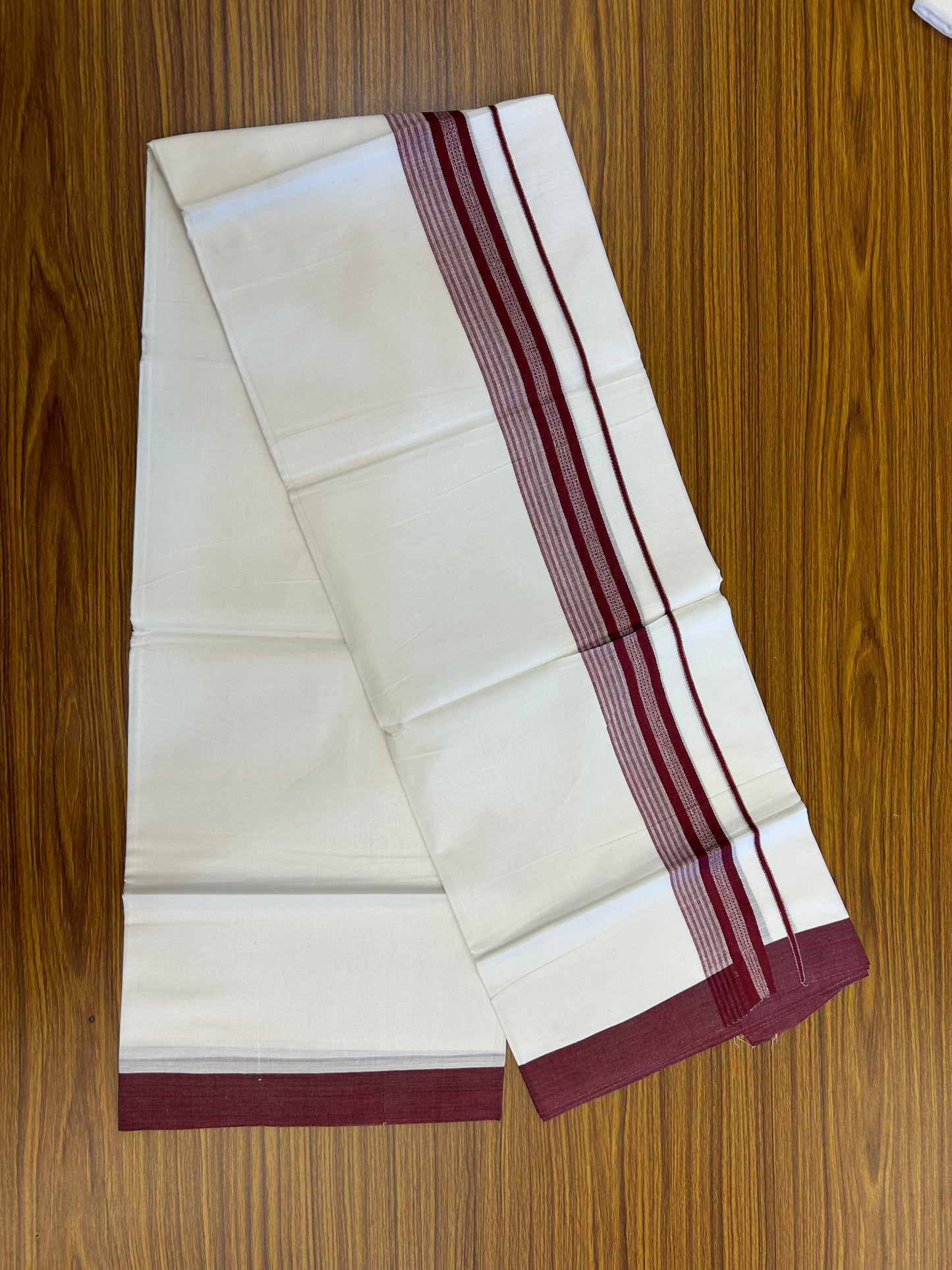 20% Discount ! Kaitharikada Balaramapuram 100% Cotton Pure White Double Mundu/Dothi - 100x80 - 2 inch Maroon Shaded Stripes Kara 3.90 m (8 muzham) - 27 KK5364 MC